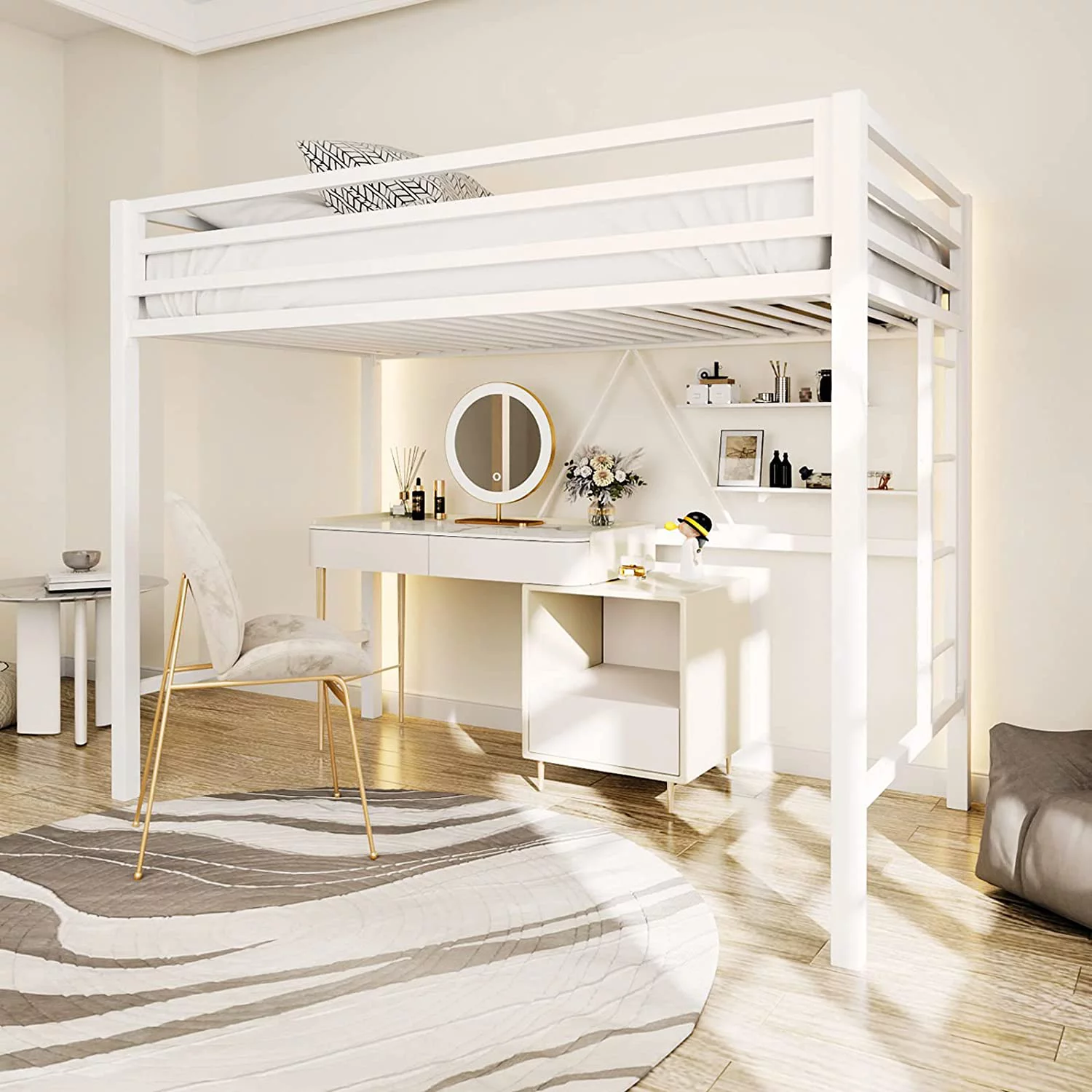 Twin Size Loft Bed, Multifunctional Metal Twin Bed with Safety Guard & Removable Ladder, Space-Saving Bed Frame for Small Bedroom, Matte White