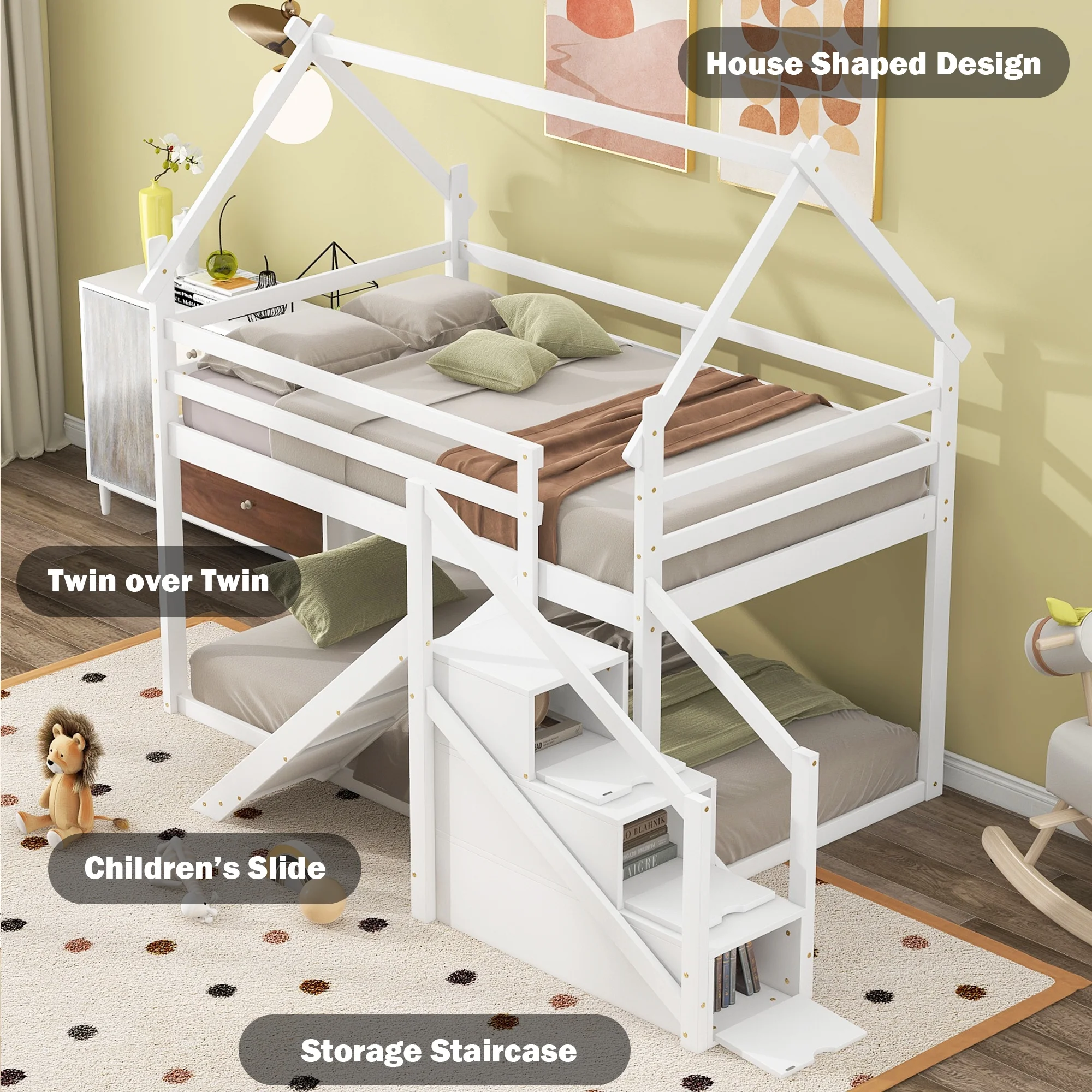Bellemave Twin over Twin House Bunk Bed with Slide and Storage Staircase Playhouse Loft Bed Floor Bunk Bed Frame with Guardrails for Kids, Boy, Girl (White)