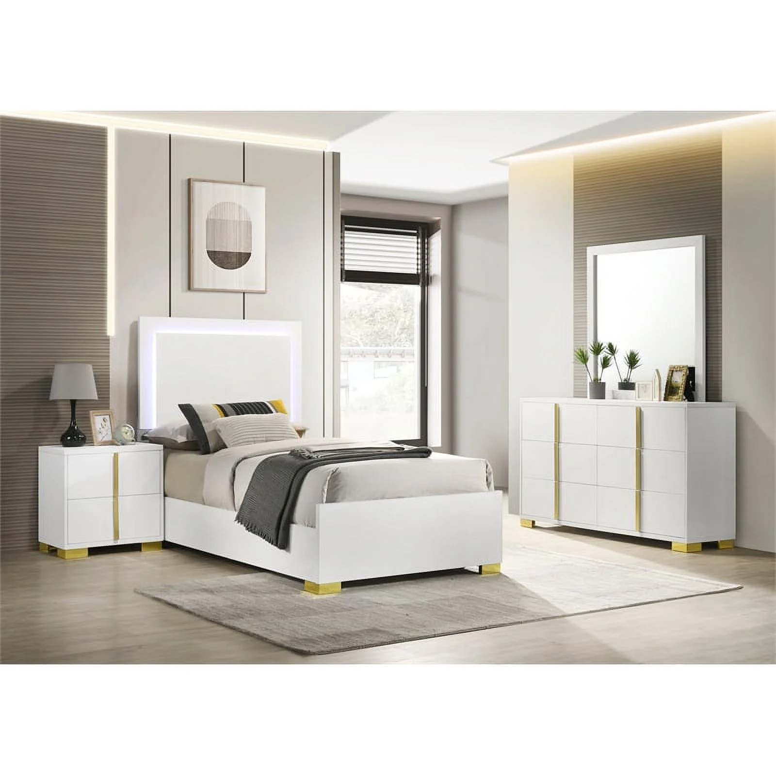 Coaster 4-Piece Contemporary Wood Twin Bedroom Set in White/Gold