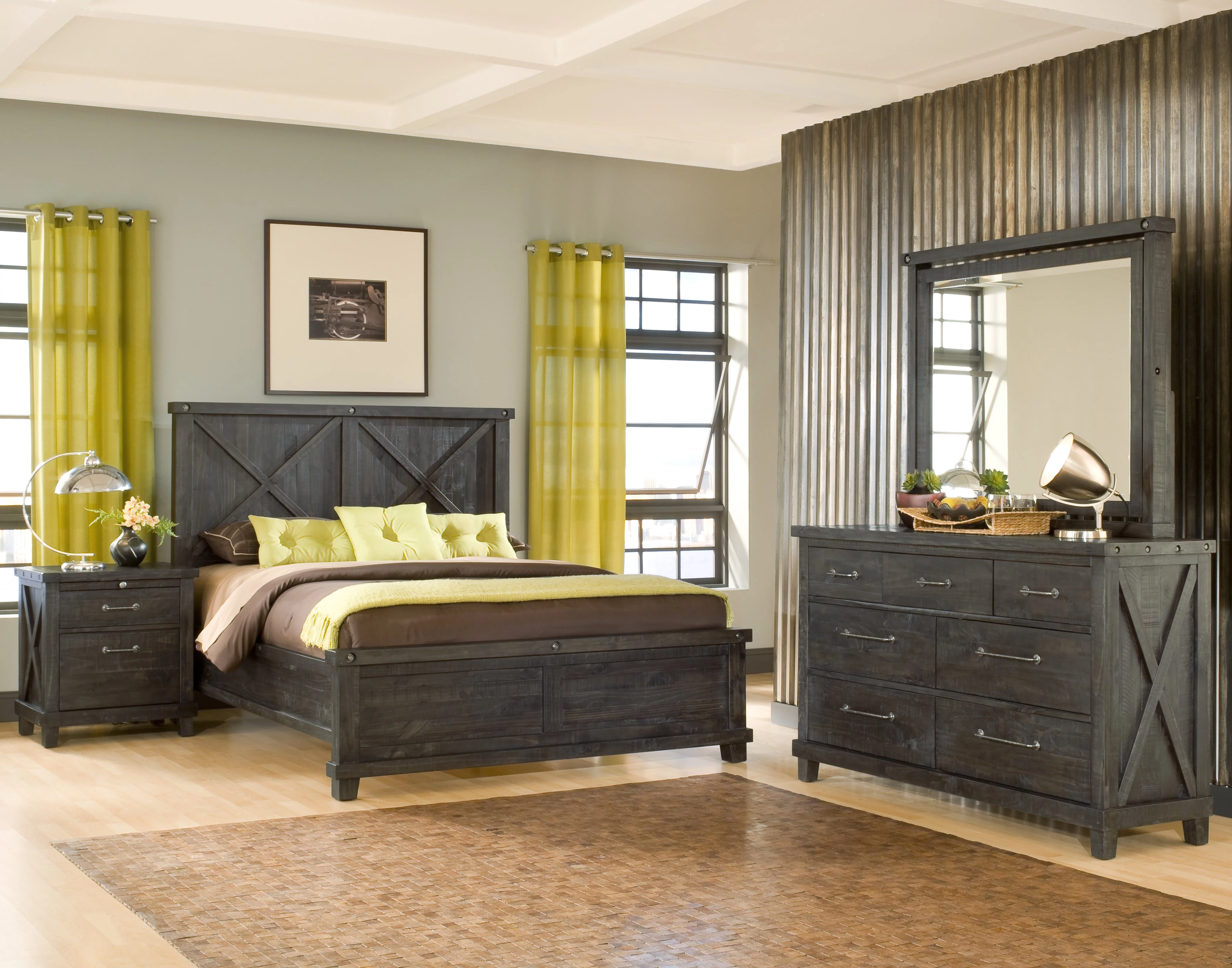 Yanez 5PC Queen Bed, 2 Nightstand, Dresser & Mirror Set in Charcoal - Solid Wood