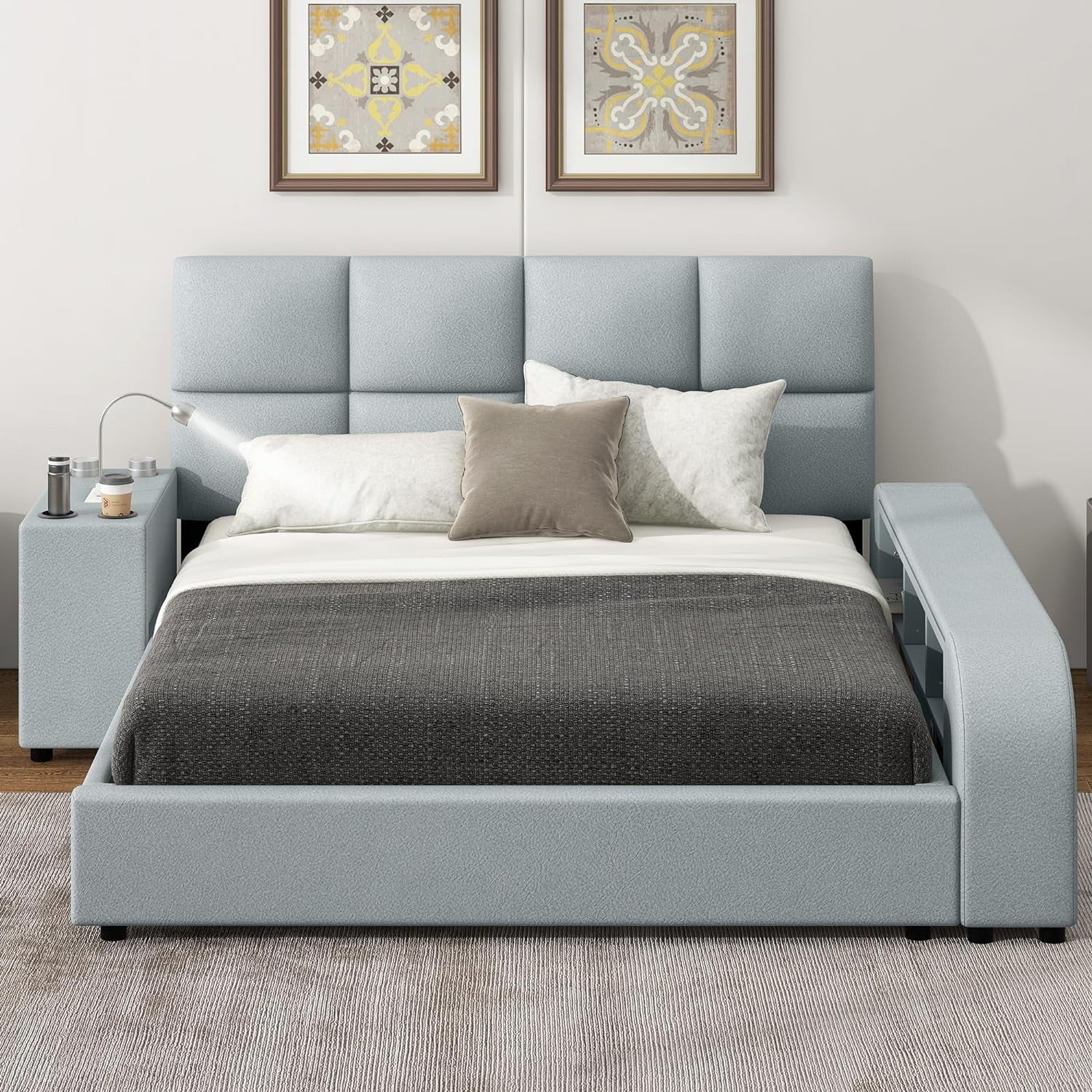 Quee Size Upholsered Bed Wih Sorage Shelves Ad Mulimedia ighsad, Wood Quee Sorage Bed Wih Comforable Pillow Headboard,o Box Sprig eeded, Grey