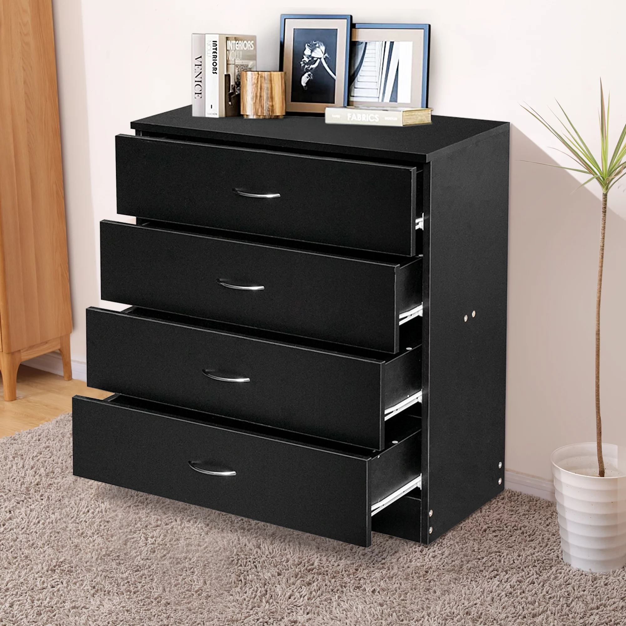 4-Drawer Dresser Cabinet, Modern Wooden File Cabinet, Storage Chest for Kids Room, Storage Cabinet for Bedroom, Simple Home Furniture of Drawers for Storing Clothes, Cosmetics, Black, D8709