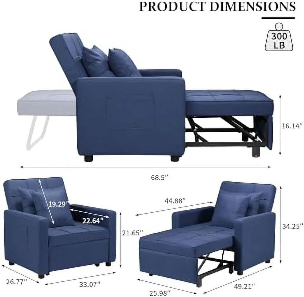 RUNFAYBIU Convertible Chair Bed  3-in-1 Folding Sofa Bed Chair with Adjustable Backrest  Multi-Functional Pull Out Sleeper Chair Bed Single Armchair Sofa Bed with Side Pocket (Blue)