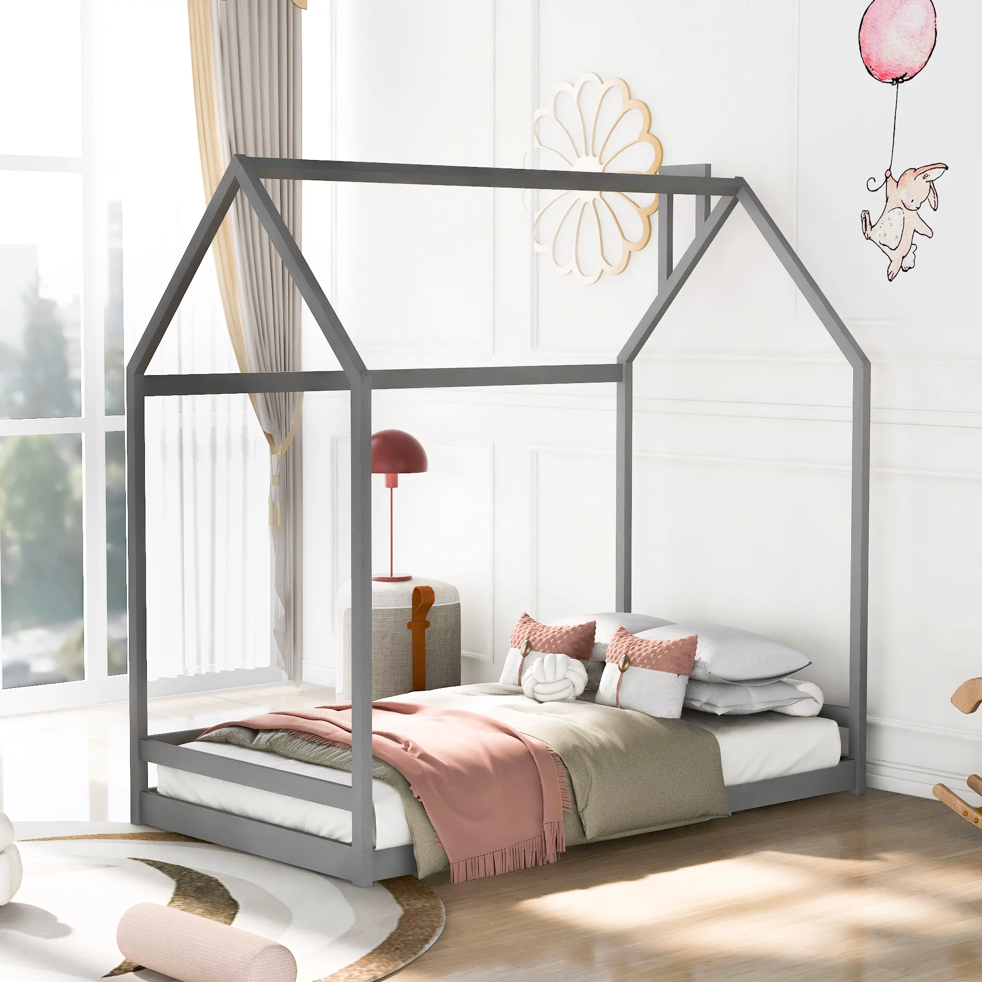 Bedroom Furniture Wood Children Toddler House Bed Frame Tent Bed Floor Bed Wooden House Bed for Adult, Kids, Teens, Boys or Girls