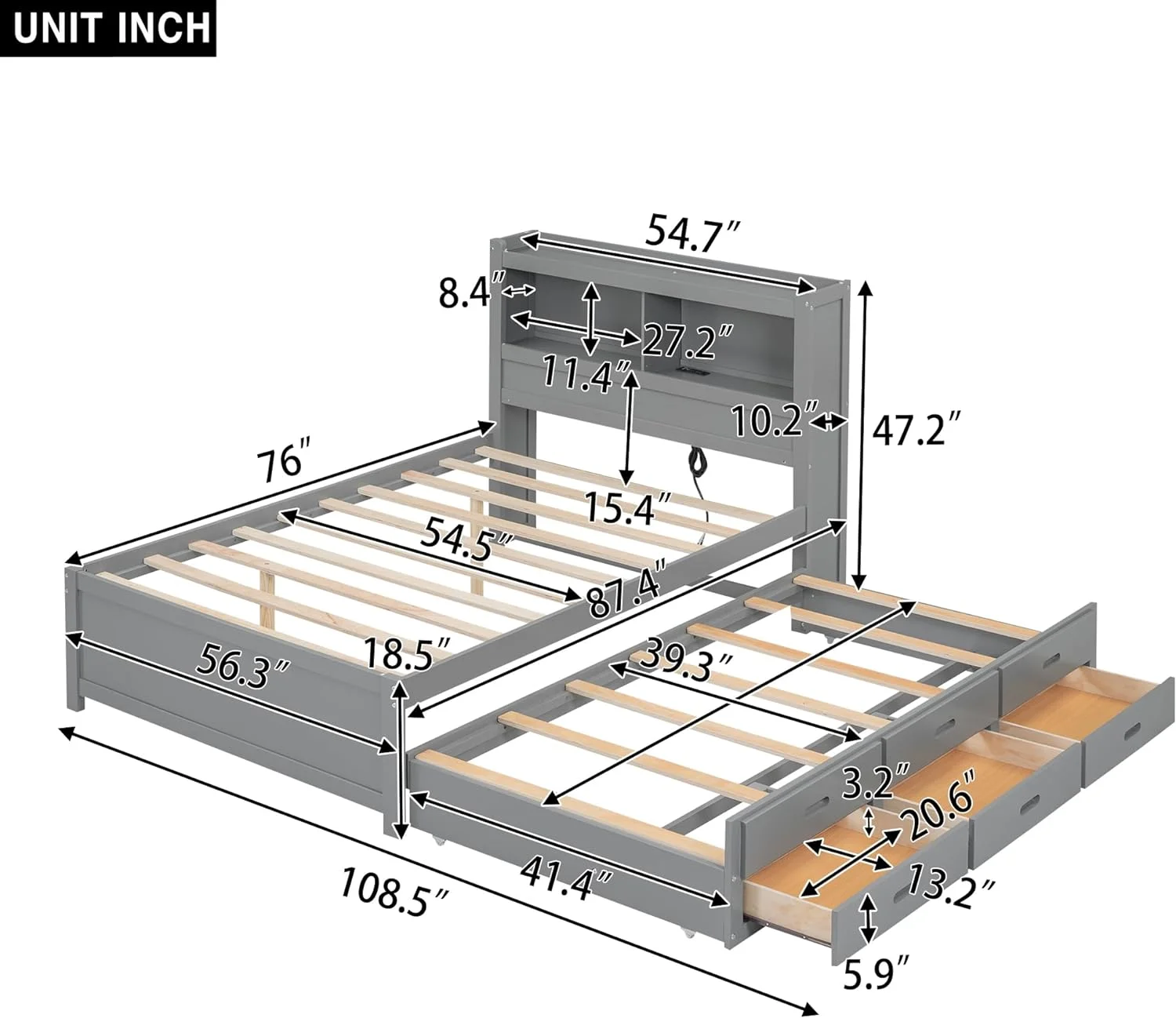 Full Plaform Bed Wih Size rudle,Bookcase Headboard,Chargig Saio Ad 3 Drawers,Wood Full Sorage Bed Frame For Kids,ees,Aduls,o Box Sprig eeded (Grey)