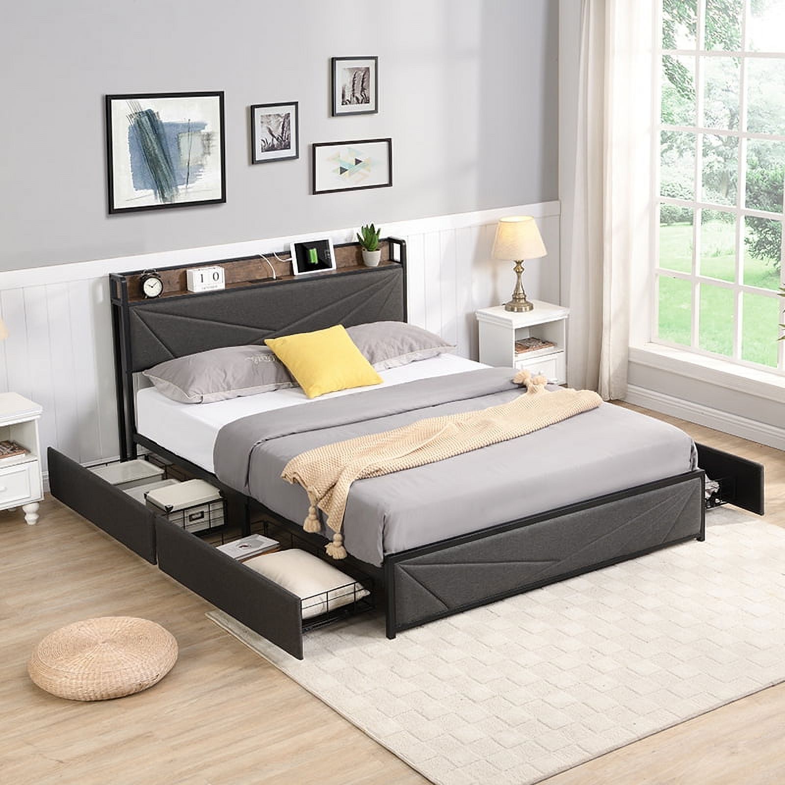 CoSoTower Queen Bed Frame, Storage Headboard with Charging Station, Solid and Stable, Noise Free, No Box Spring Needed, Easy Assembly