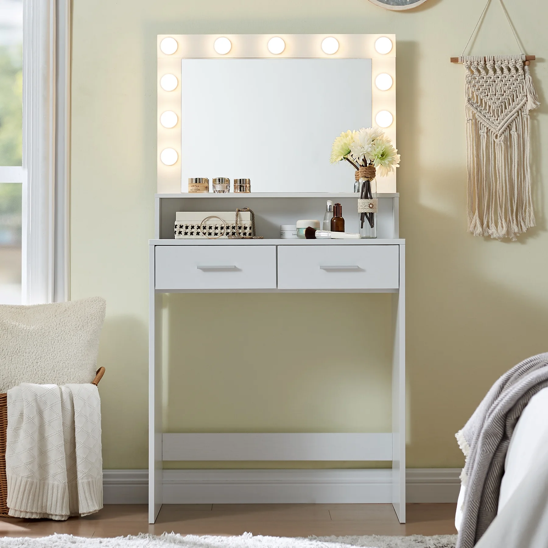 MIRROTOWEL Vanity Desk with Mirror and Lights, Dressing Table with Large Drawer, 2 Level Storage Dresser & 3 Lighting Modes Adjustable Brightness, Suitable for Bedroom (White)