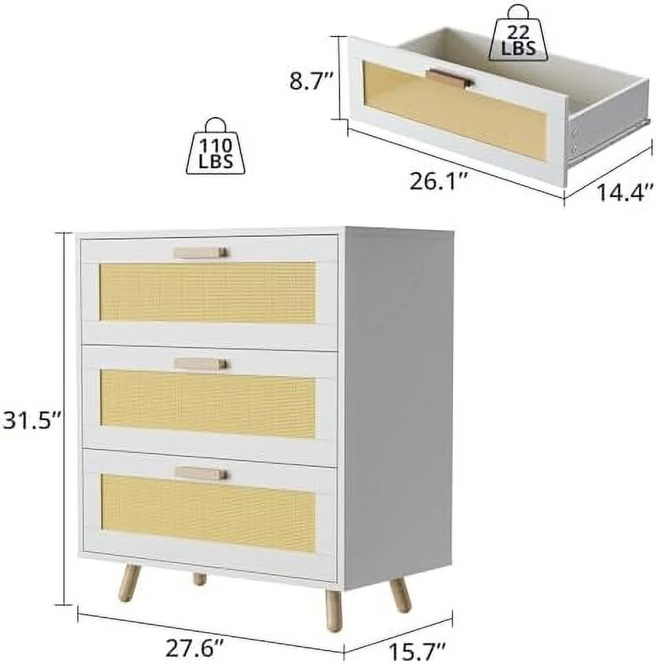 HBBOOMLIFE 3 Drawer Dresser  Rattan Modern Dresser Chest  Hobo Drawer Dresser  Closet Dresser Chest of Drawers  Mid-Century Modern Dresser as Nightstand  Black Dresser for Bedroom  Living