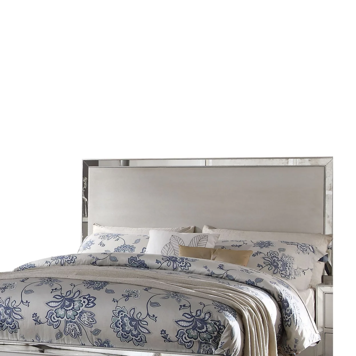 Panel Design Wooden Eastern King Bed with Mirror Trim Accents, Silver- Saltoro Sherpi