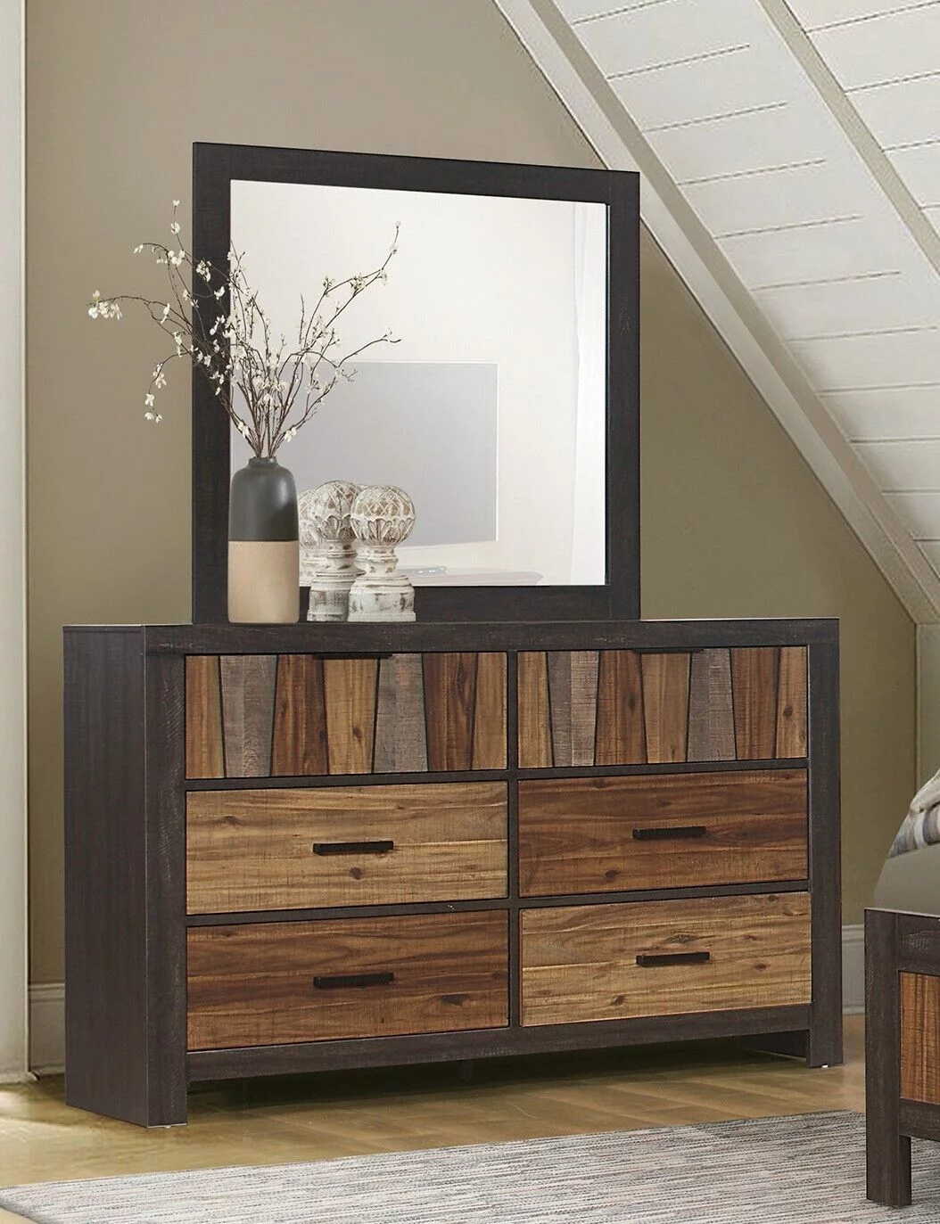 Unique Style Multi-Tone Bedroom 4pc Set Full Size Bed Nightstand Dresser Mirror Modern Furniture