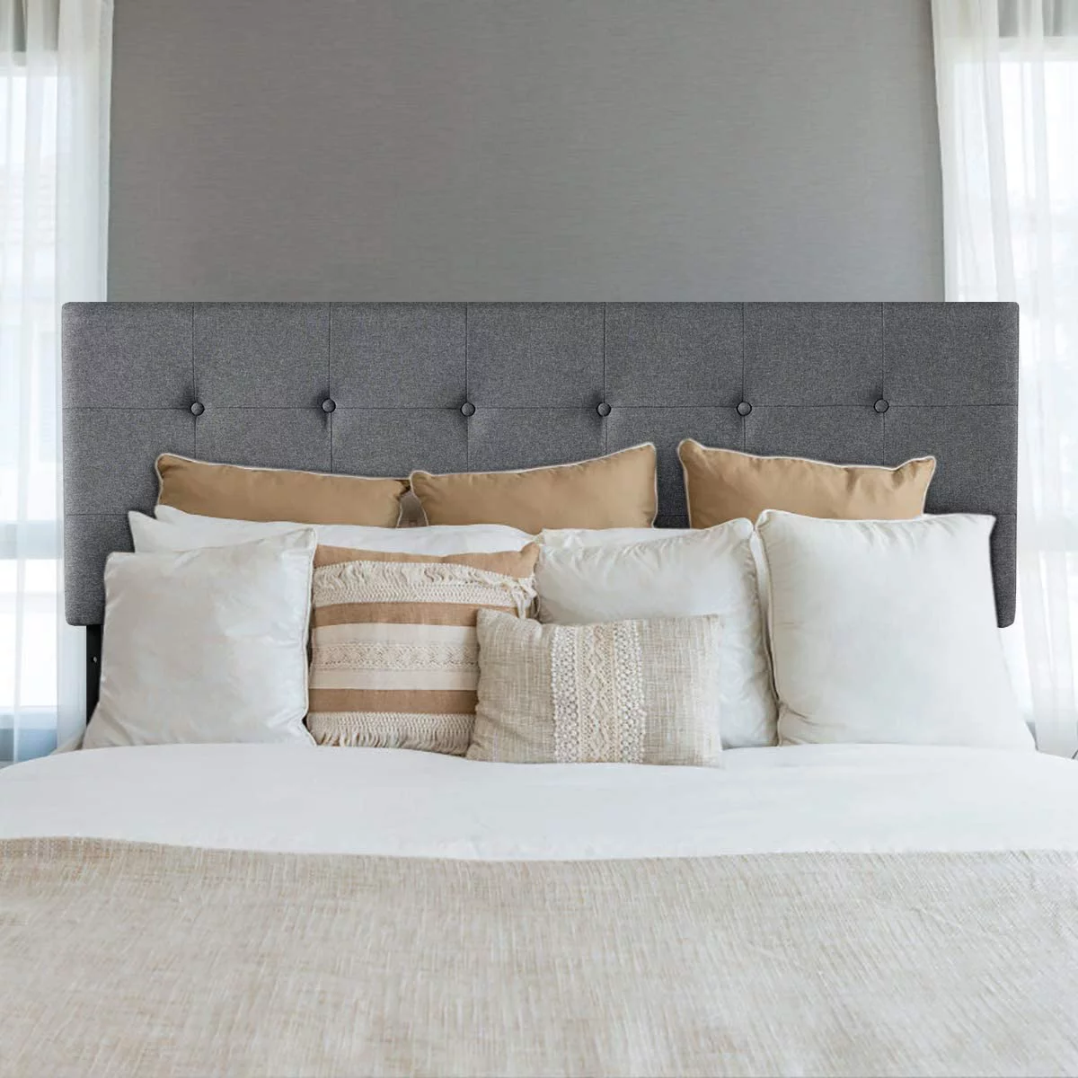 Modern Upholstered Headboard, Tufted Button Faux Linen Headboards, 3 Level Adjustable Height, Heavy Duty Metal, Queen& Full Size Suitable (Grey)