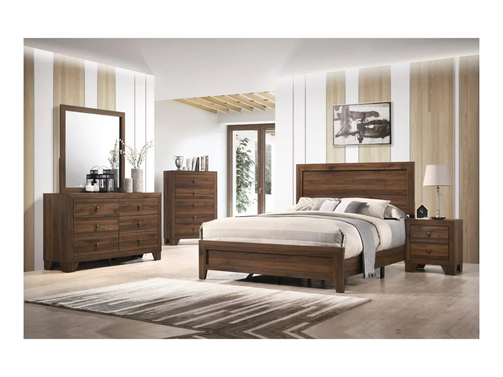 Traditional Brown Cherry Panel Bed Dresser Mirror Nightstand Set 4Pc Queen Size Bedroom Set
