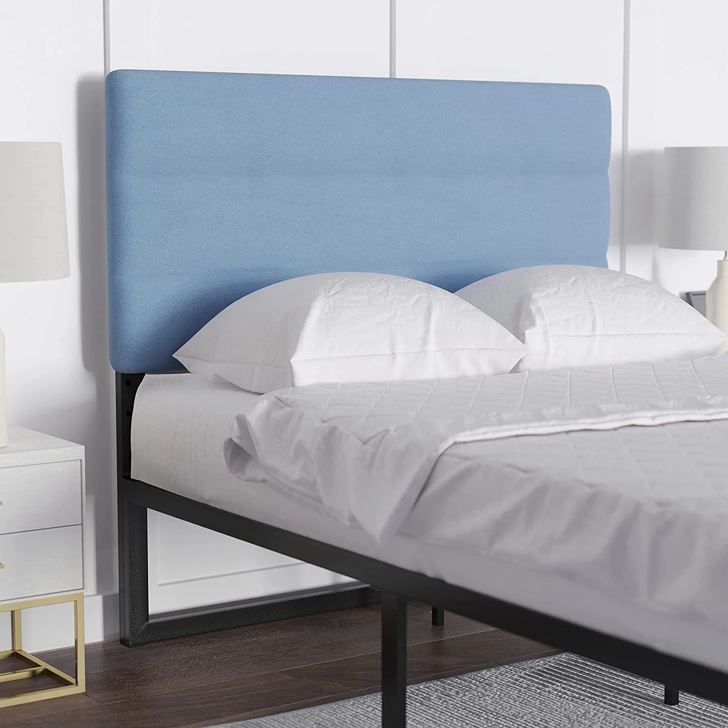 Modern Blue Fabric Upholstered Full Headboard with Horizontal Line Stitching and Adjustable Height Rail Slots