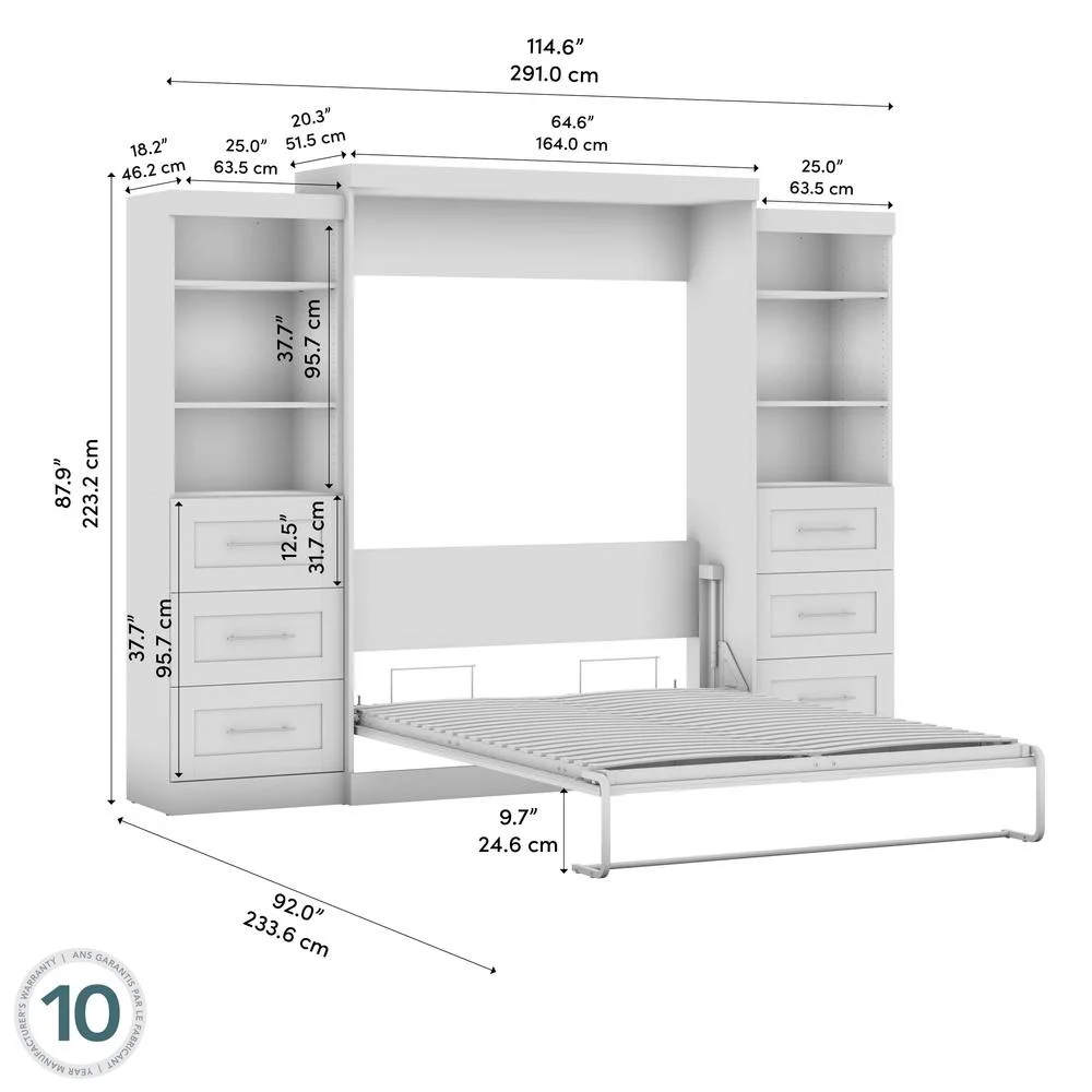 Bestar Pur Queen Murphy Bed and 2 Shelving Units w/Drawers(115W) in Rustic Brown