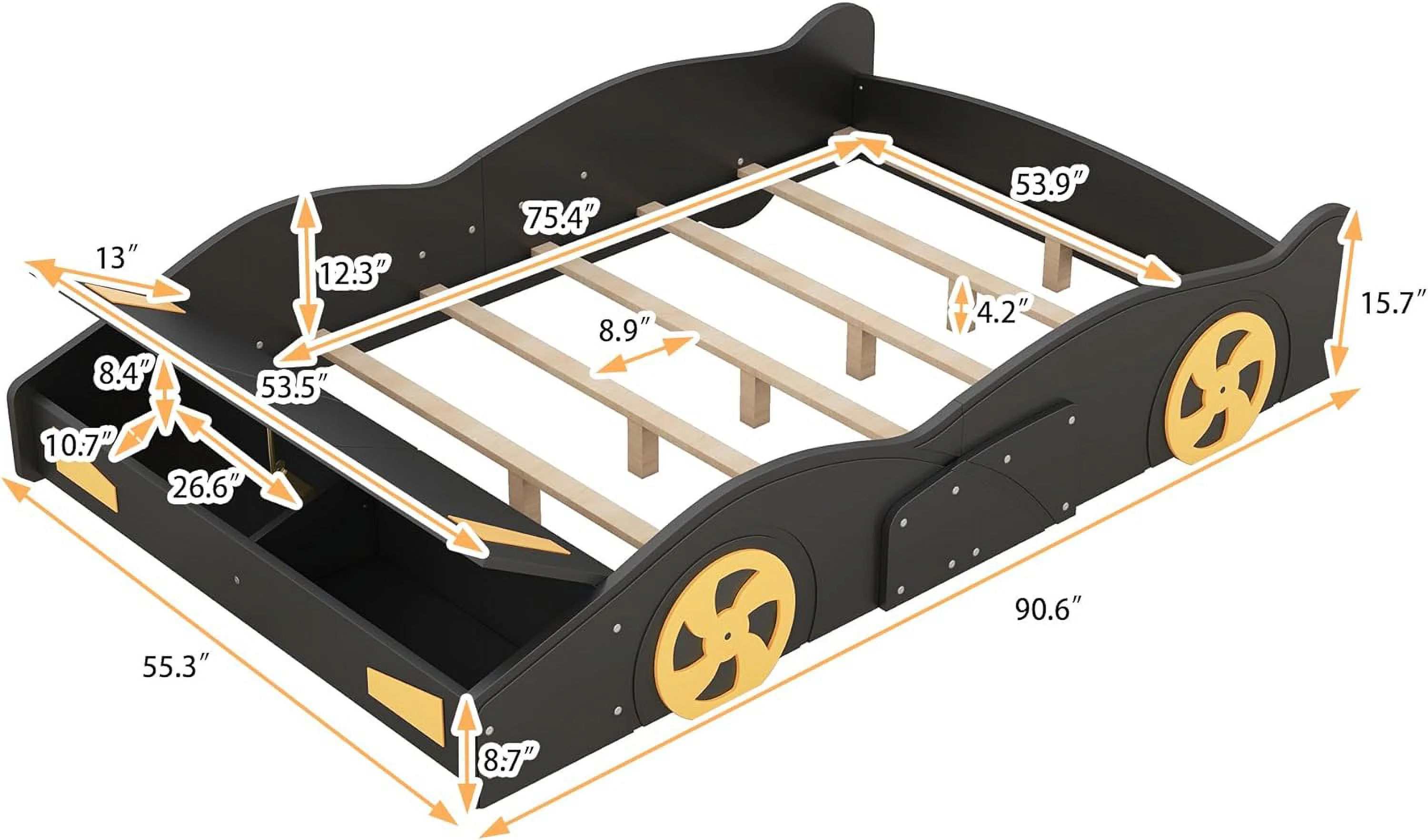Full Size Race Car-Shaped Platform Bed With Storage Ad Decorative Wheels, Solid Wood Full Bed Frame o Box Sprig Required, Black+Yellow
