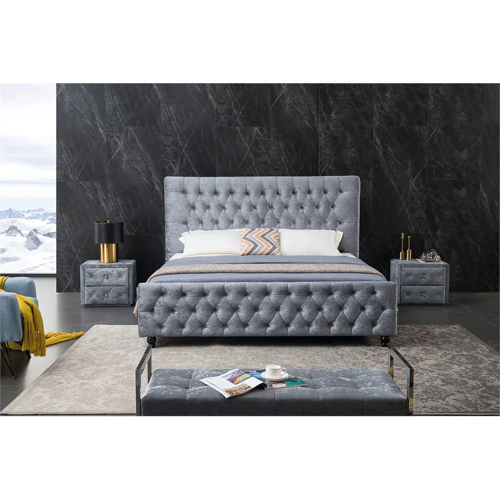 American Eagle Furniture Fabric Tufted King Platform Bed in Gray