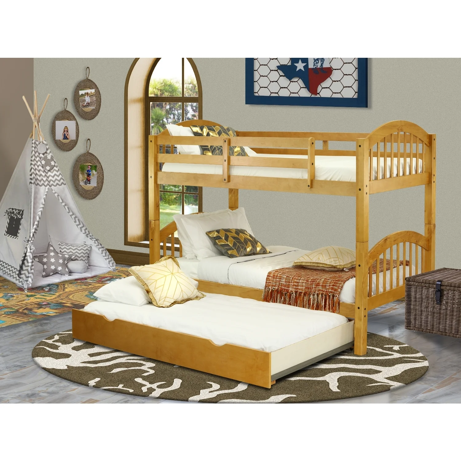 HomeStock Retro Relaxation Twin Bunk Bed In Natural Oak Finish With Convertible Trundle & Drawer