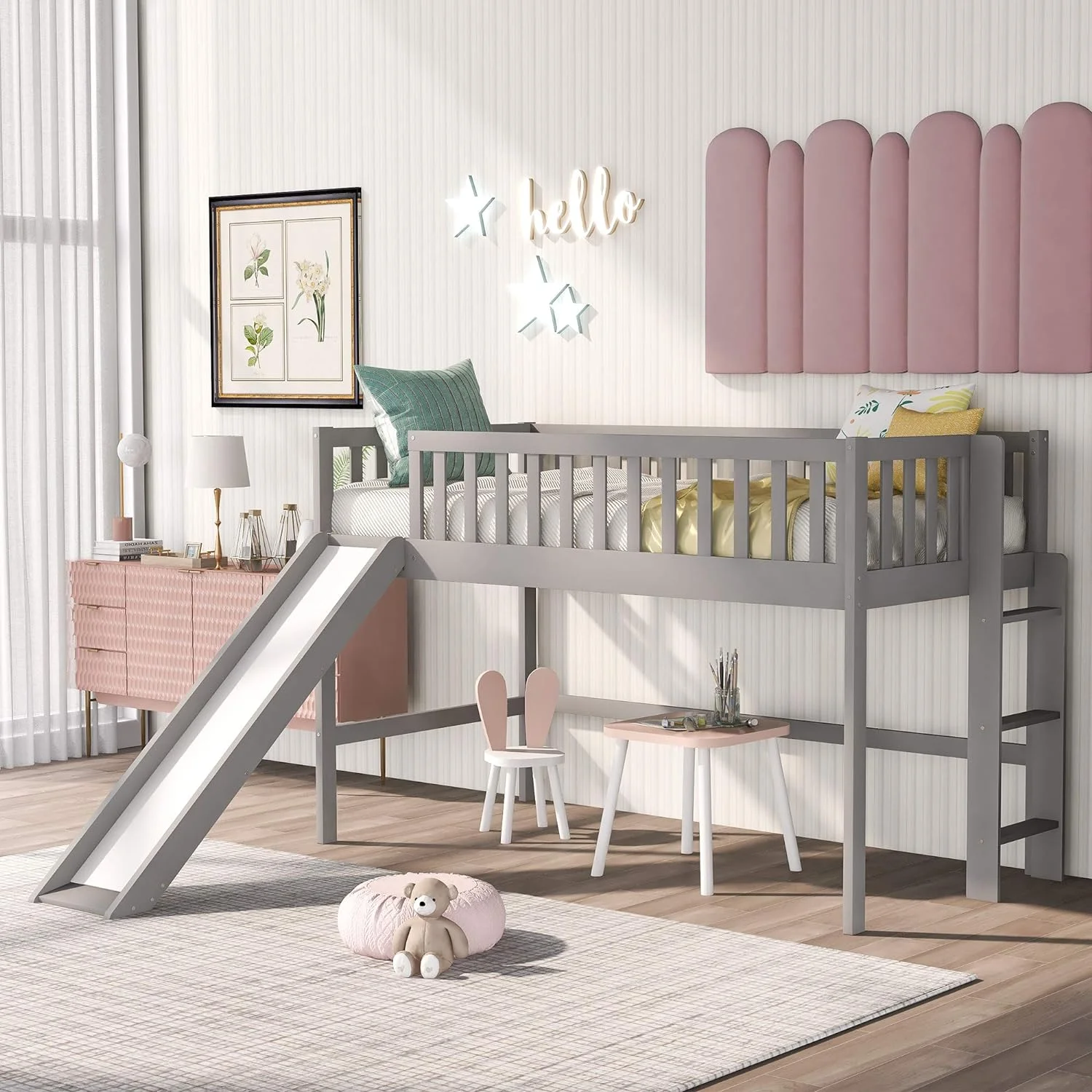 Low Loft Bed With Slide And Ladder, Junior's Loft Bed Frame For Kids Boys Girls No Box Spring Needed, (Gray Loft With Slide)