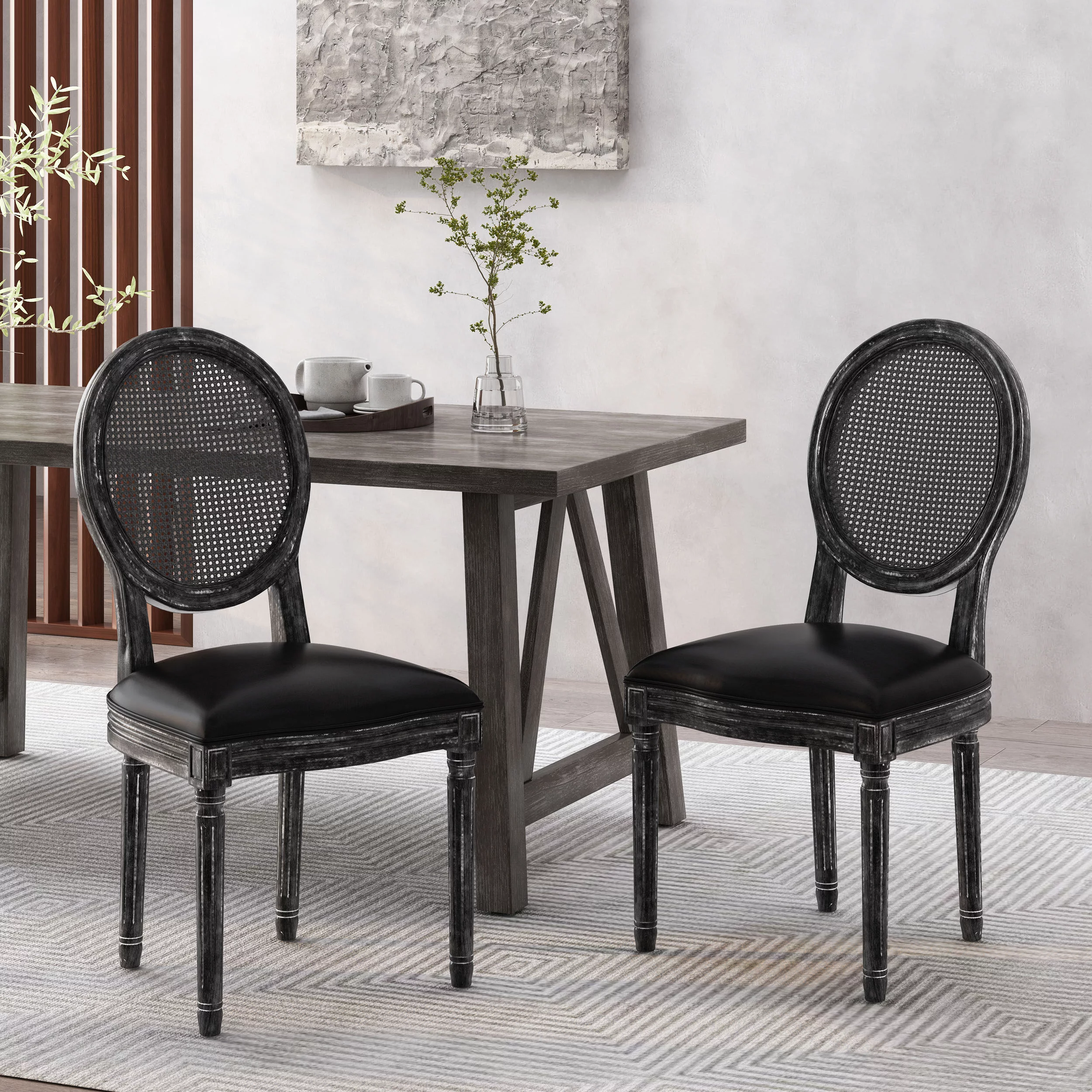 Lintz French Country Wood and Cane Upholstered Dining Chair, Set of 2, Midnight Black