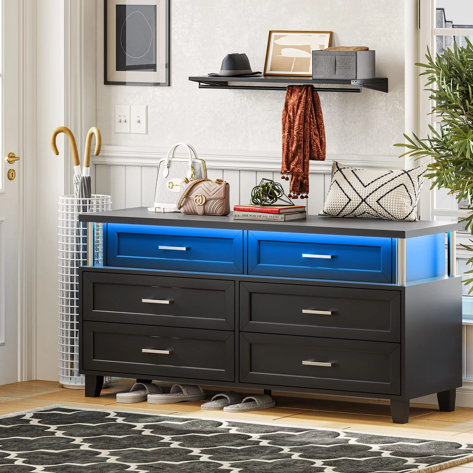 Dresser for Bedroom, 6 Drawer Dresser with LED Light, Black Finish