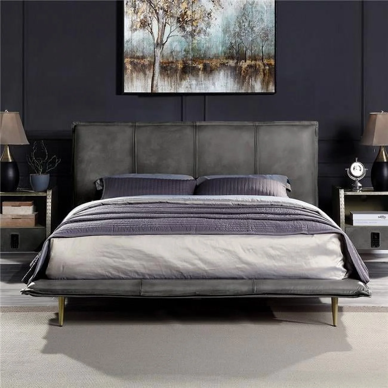 91 x 73 x 41 in. Metis Bed, Gray Top Grain Leather - Queen Size