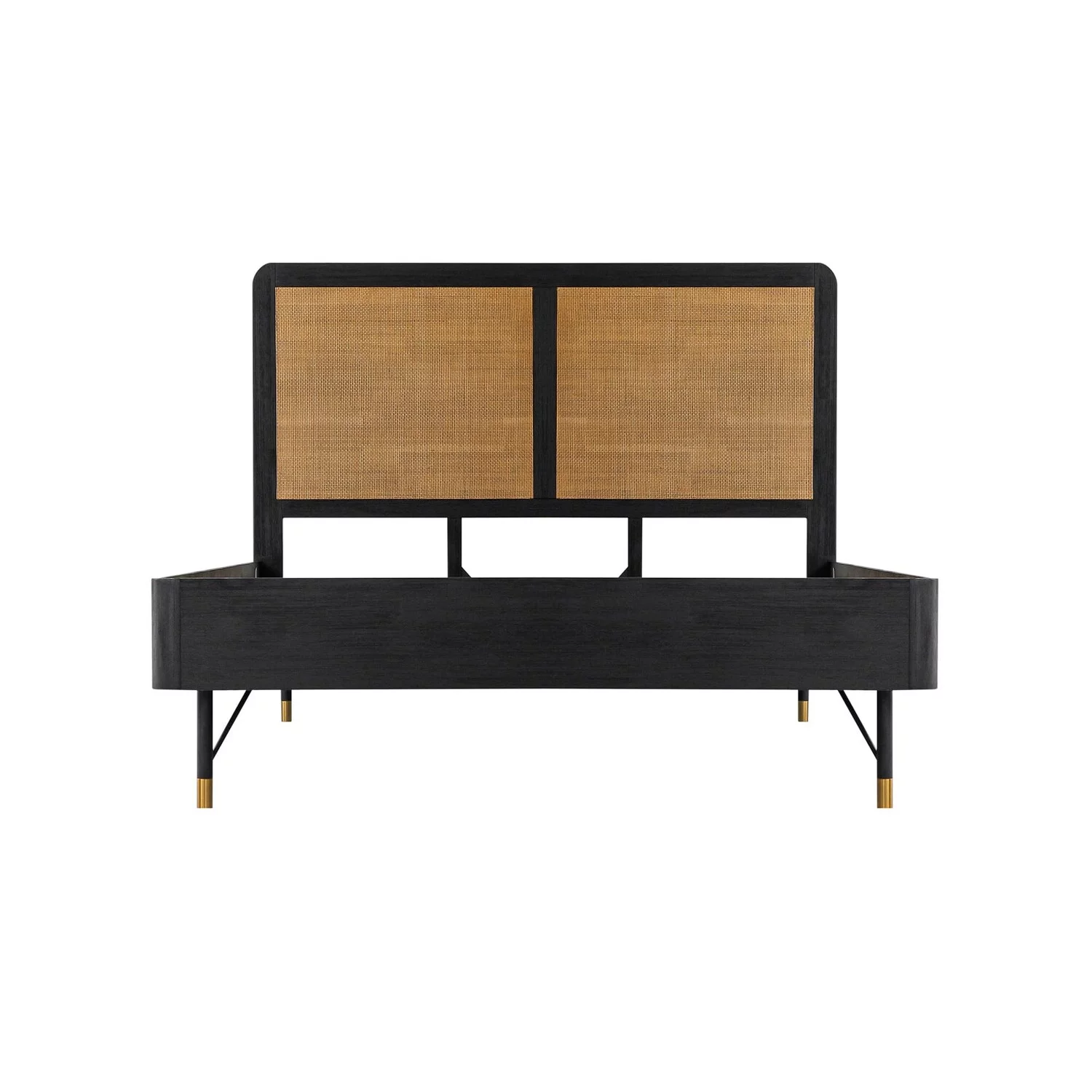 Benjara Theo Acacia Wood Platform Queen Bed with Rattan Headboard, Footboard, Black