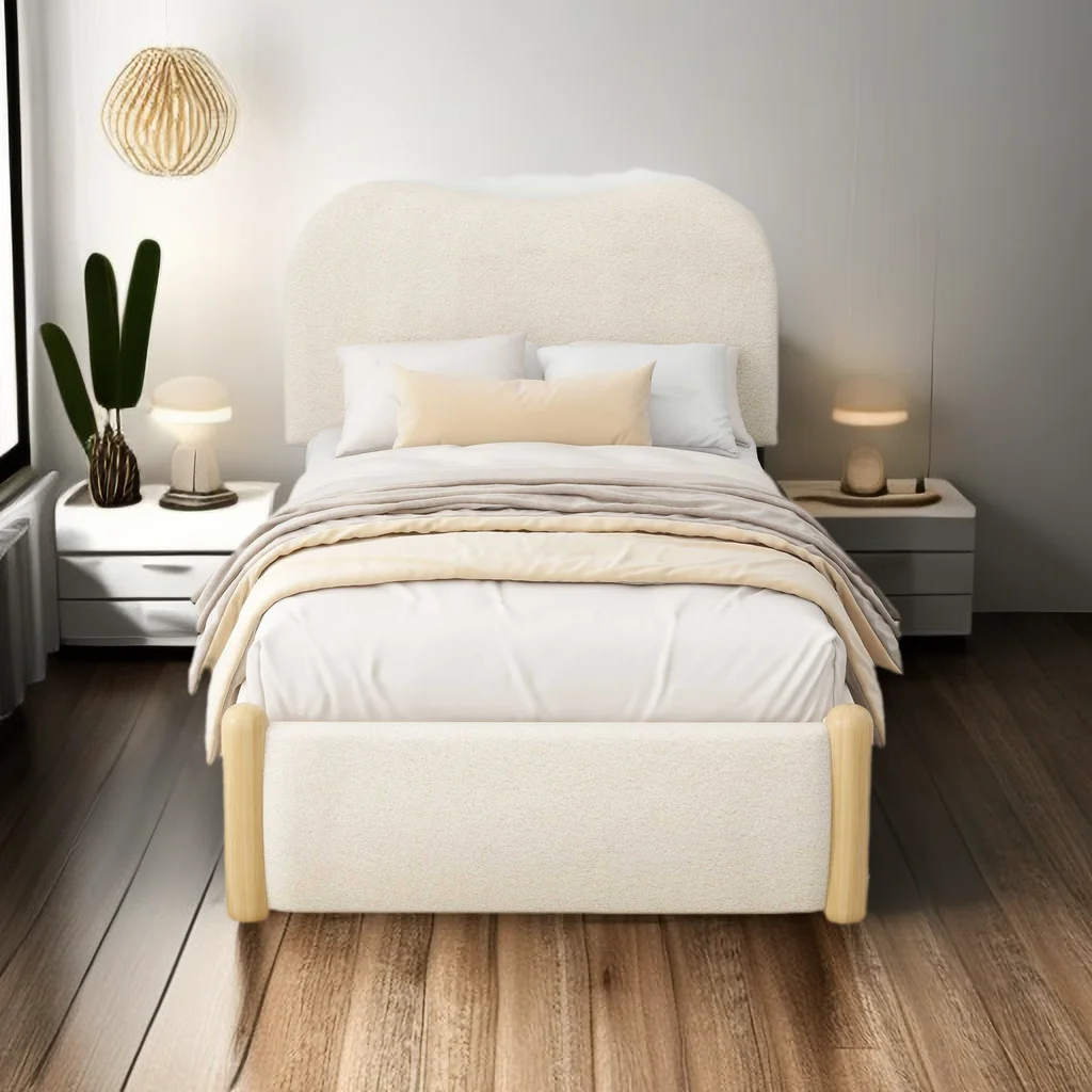Twin Size Berber Fleece Upholstered Platform Bed with Wood Supporting Feet and Arc-Shaped Headboard for Kids Teens Boys Girls Bedroom,No Box Spring Needed