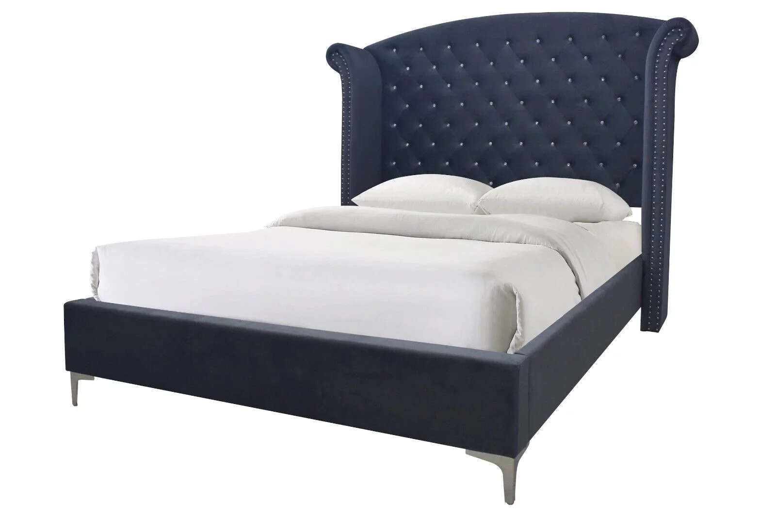 Modern Glamourous 6pc Queen Size Bed Dresser Mirror Nightstands Chest Bedroom Set Dark Gray Velvet Upholstery Furniture