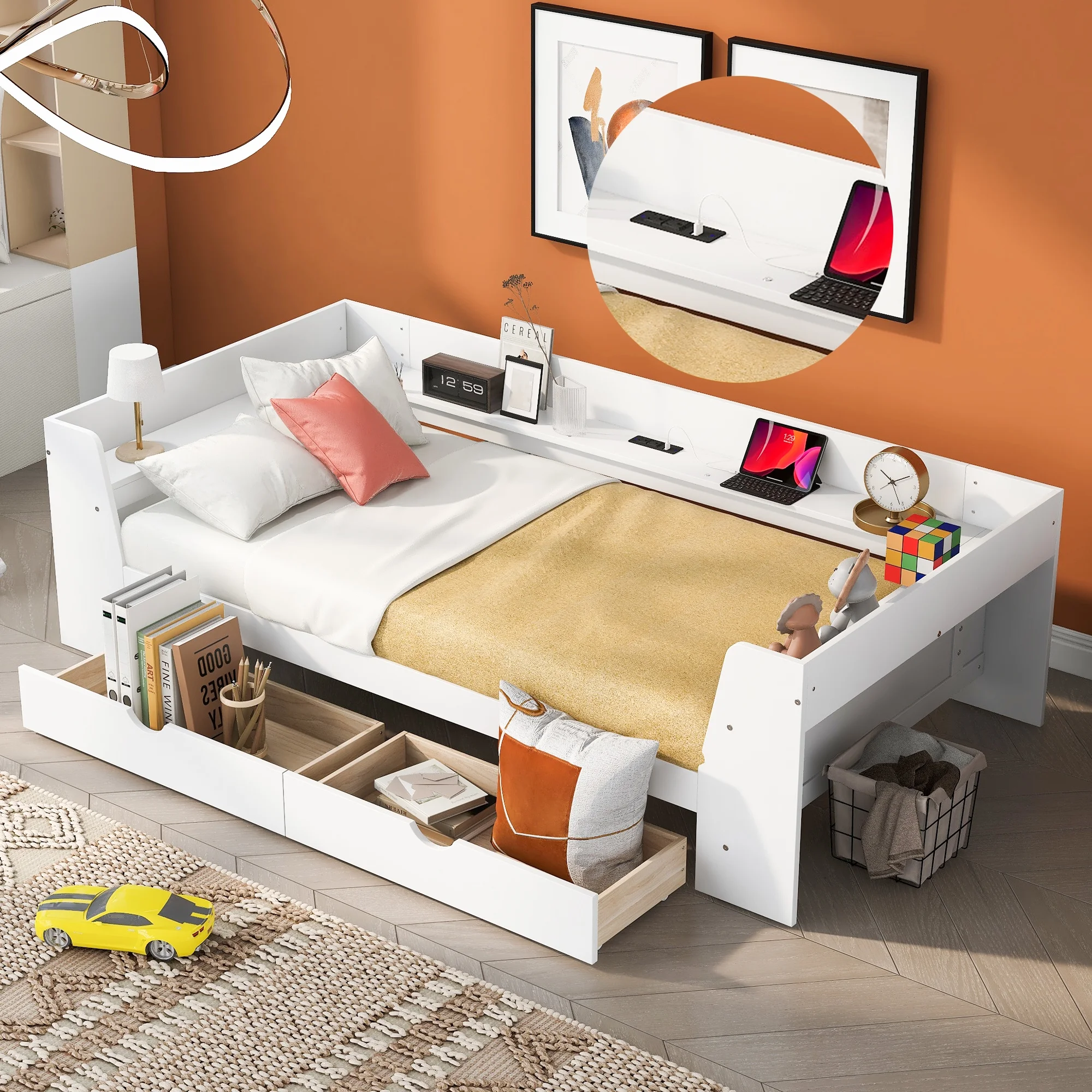 Bellemave Twin Size Daybed with Storage Shelves and Drawers, Wood Sofa Bed Frame with Built-in Charging Station for Living Room Guest Room Children Room (White)