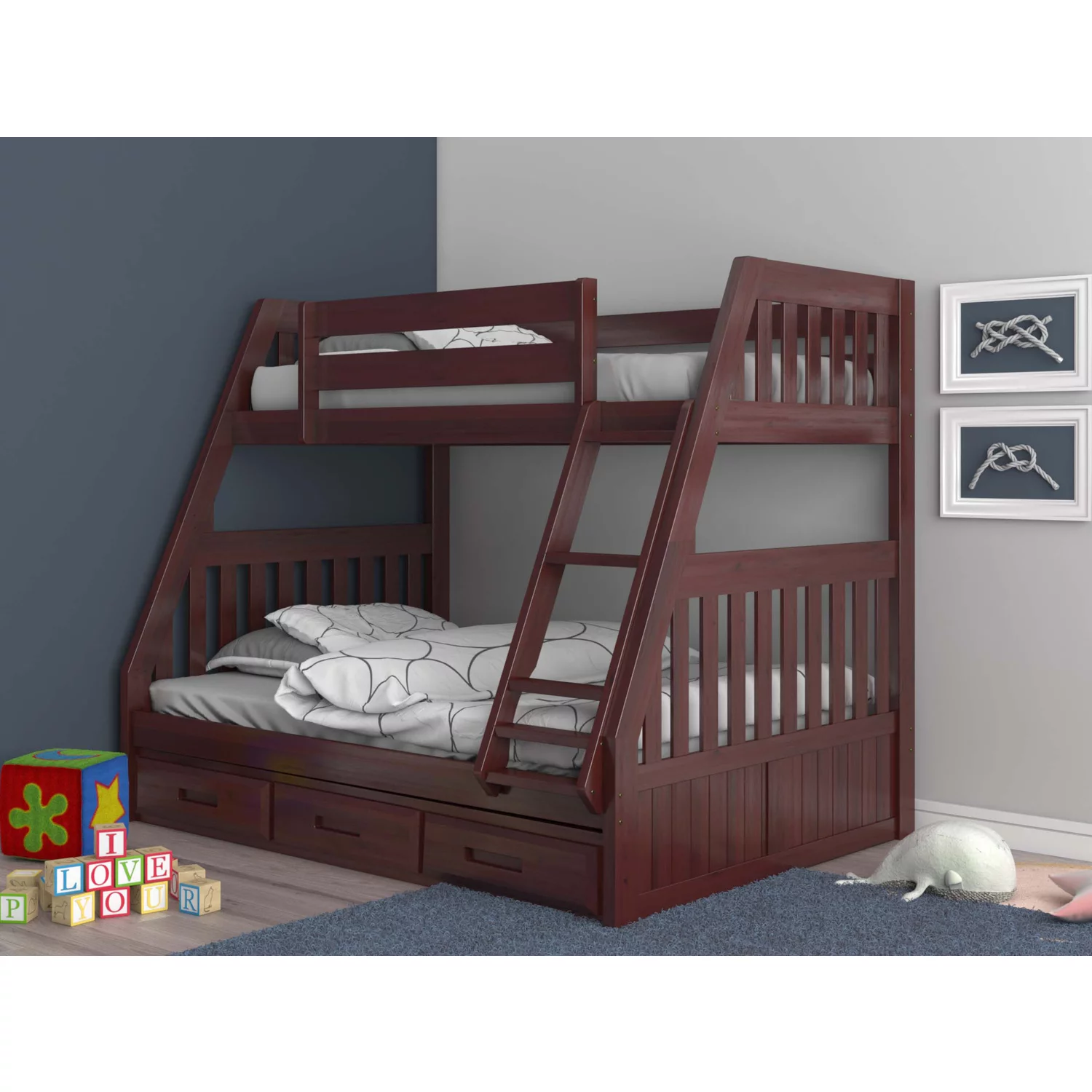 OS Home and Office Furniture 2819K3-22 Solid Pine Bunk Bed in Rich Merlot
