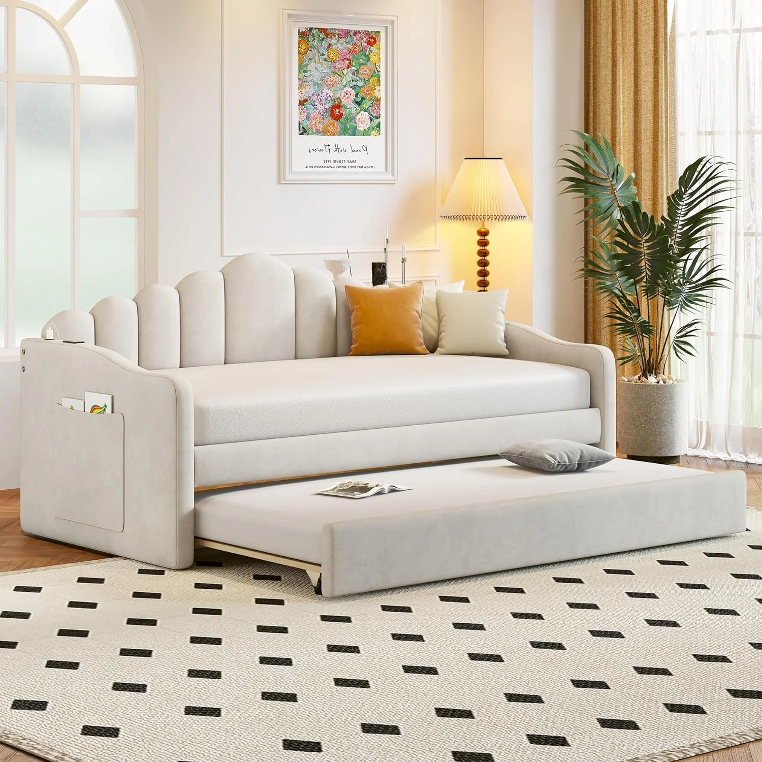 Size Daybed With Trundle Upholstered Daybeds With USB Charging Ports, Velvet Sofabed For Kids, Teens And Adults, No Box-Spring Needed (Beige)