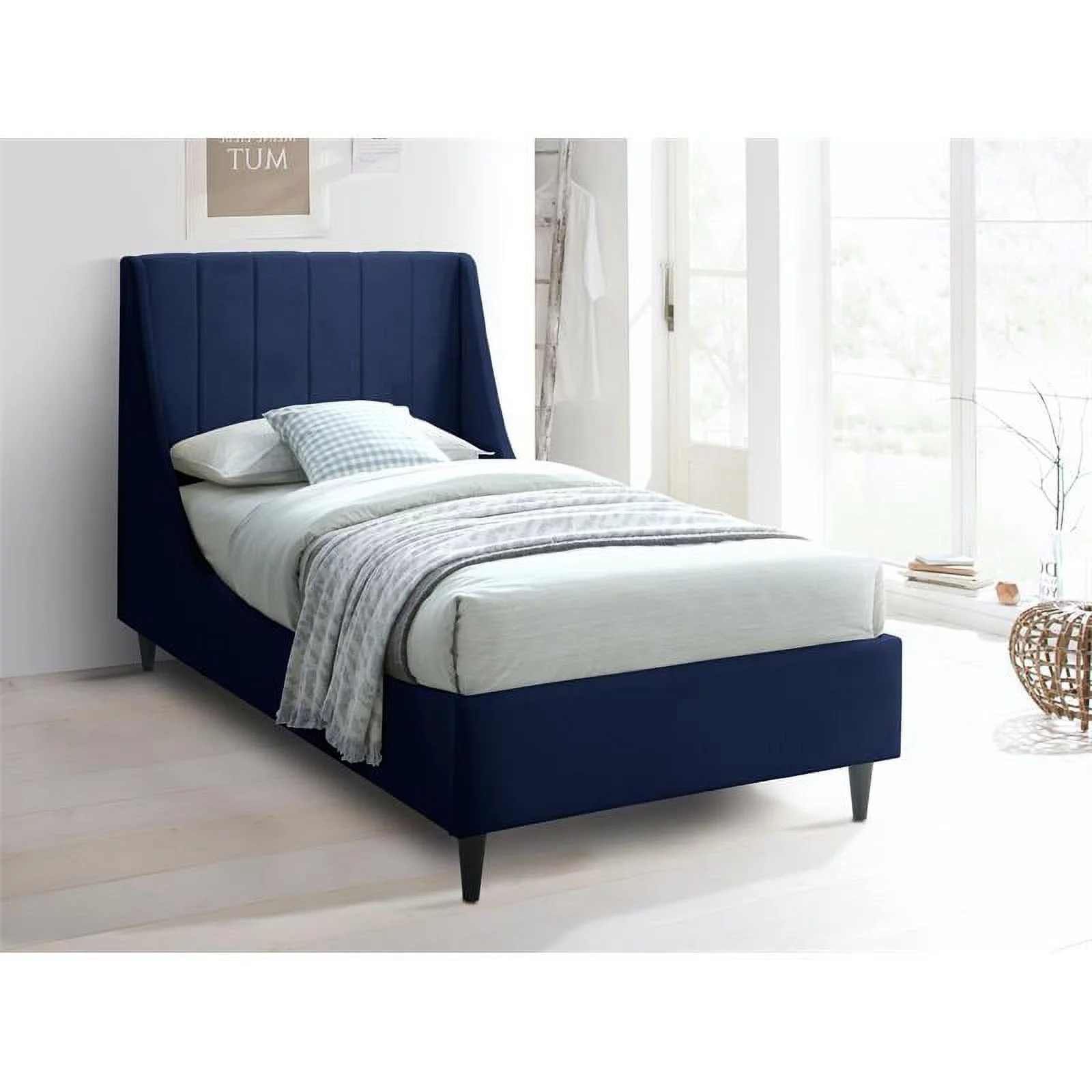 Maklaine Modern 48''H x 42.5''W x 81.1''D Navy Velvet Upholstered Twin Bed