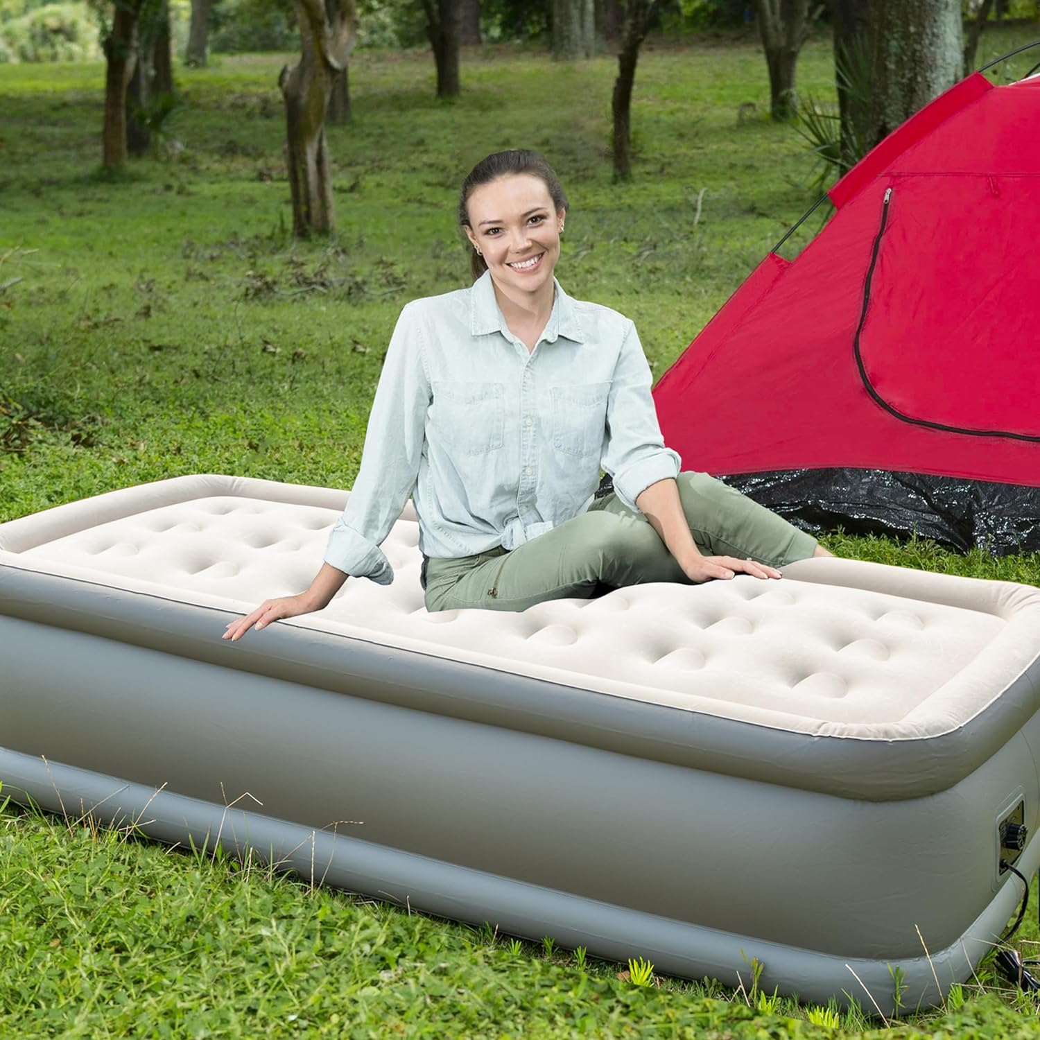 LIHONG 19” Twin Size Air Mattress with Built-in Pump, Double Height Inflatable Airbed Mattress with Soft Plush Top, Airbed for Home Guests Camping