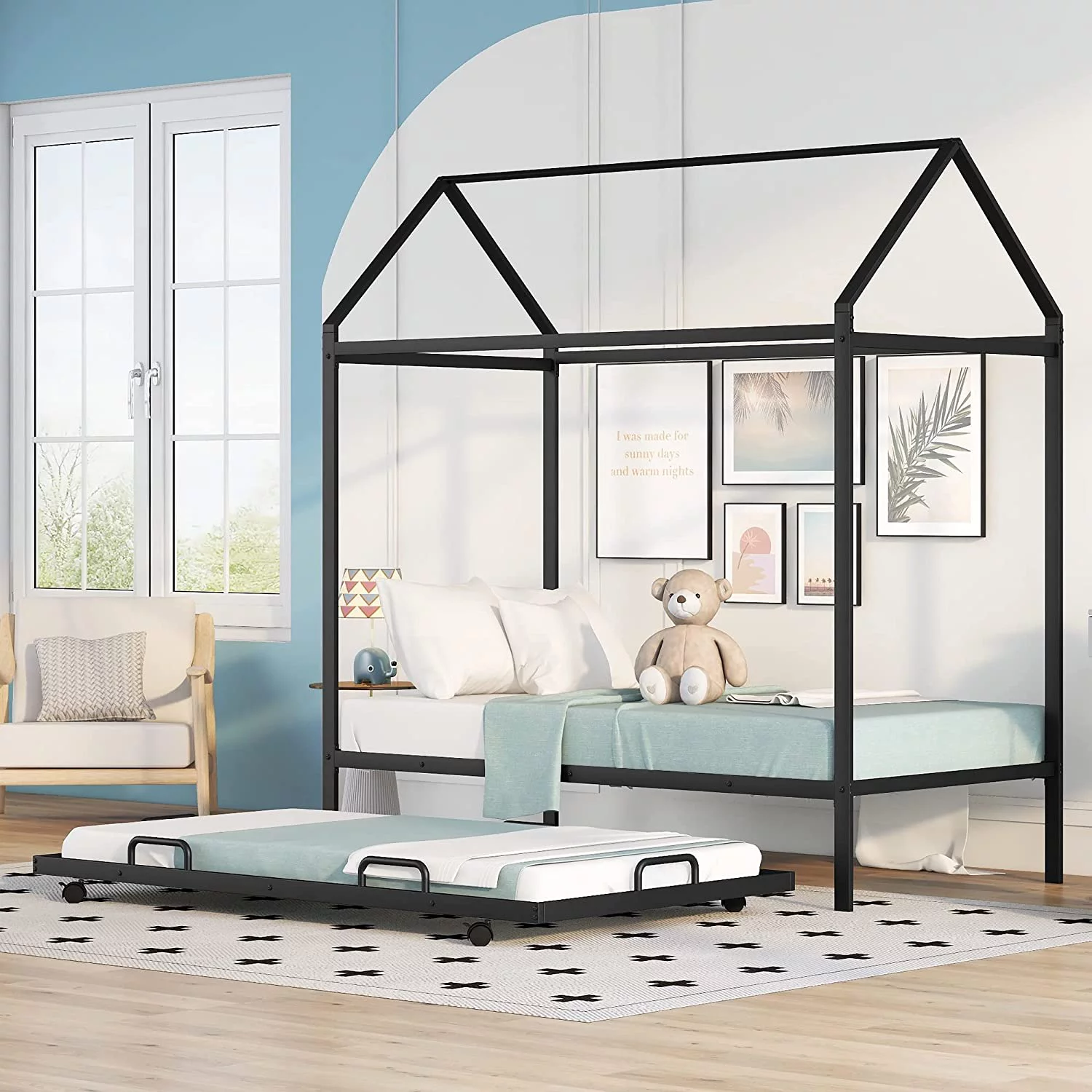 YGDU Twin Kids Day Bed House Shaped Low Beds, Wood Platform Bed Frame for Girls, Boys, No Box Spring Needed, Easy Assemble (Twin,Black