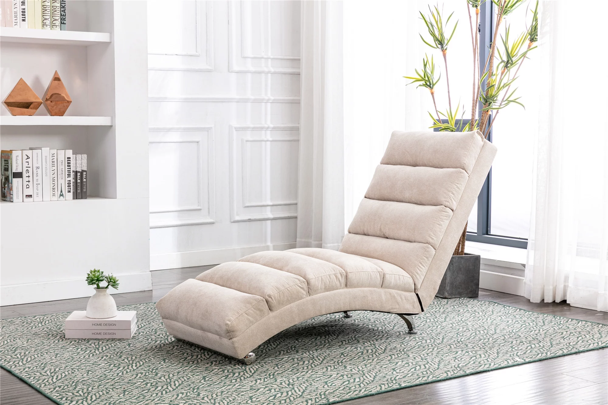 Modern Daybed Linen Recliner Indoor Chair Ergonomic Reading Armless Chair for Office or Living Room (Beige)