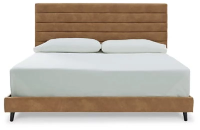 Signature Design by Ashley Vintasso Modern Upholstered Headboard, Footboard, & Roll Slats Bed, King, Light Brown