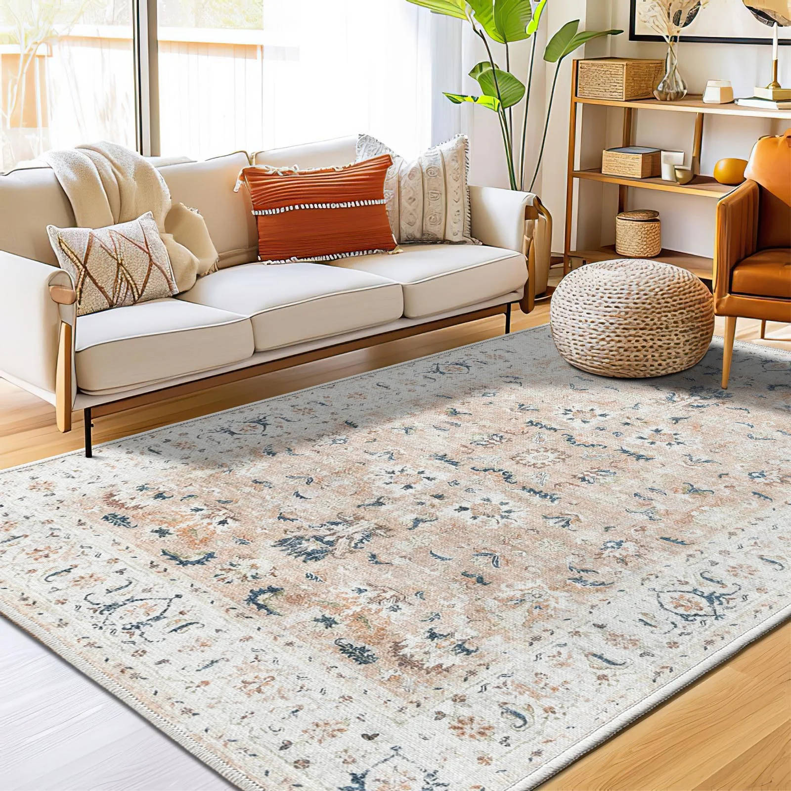 RUGKING Area Rug for Living Room 8x10 Blush Pink Vintage Carpet Traditional Rug Non-Slip Foldable Indoor Rug for Bedroom Kitchen Area Rug