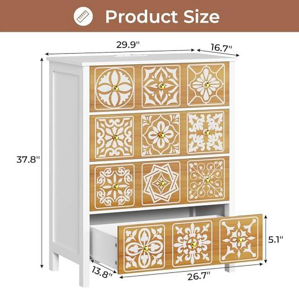 RUNFAYBIU White Dresser for Bedroom with 4 Drawers Chests of Drawers with Charging Station Wooden Dresser with Organizer Unit for Closet Bedroom (White)