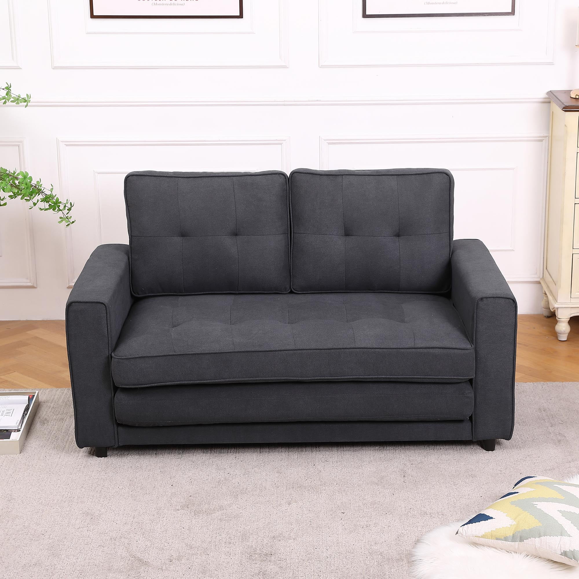 3-in-1 Upholstered Futon Sofa Convertible Floor Sofa bed,Foldable Tufted Loveseat with Pull Out Sleeper Couch Bed,Folding Mattres Love Seat Daybed W/Side Pockets for Living Room