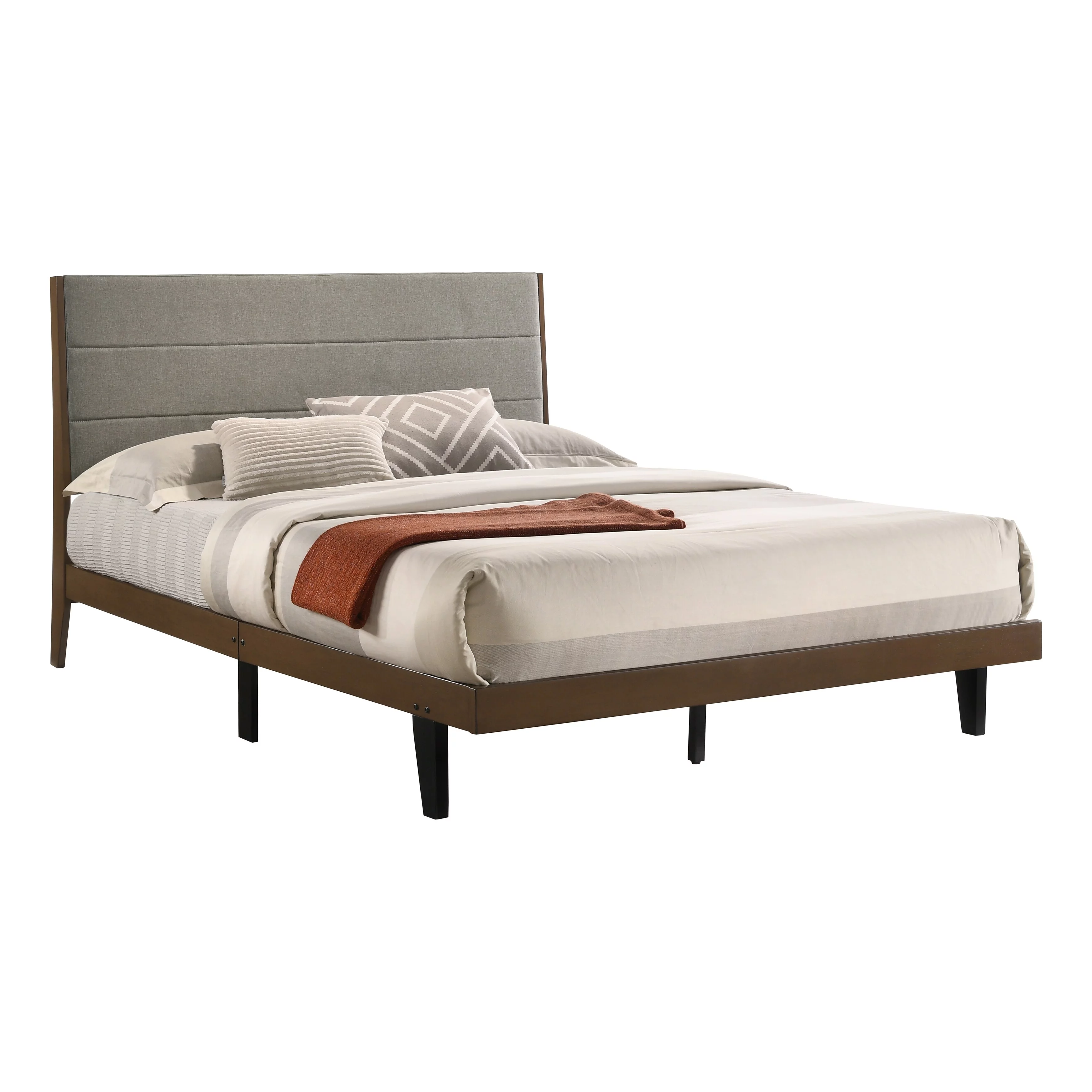 Christo Walnut Brown and Grey Channel Tufted Headboard Platform Bed King