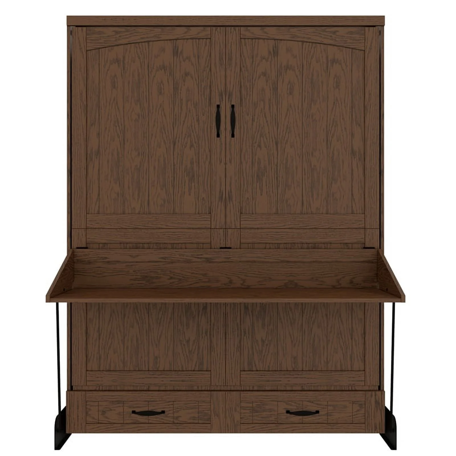 Pemberly Row Cape Cod Solid Wood Queen Size Murphy Desk Bed in Brown