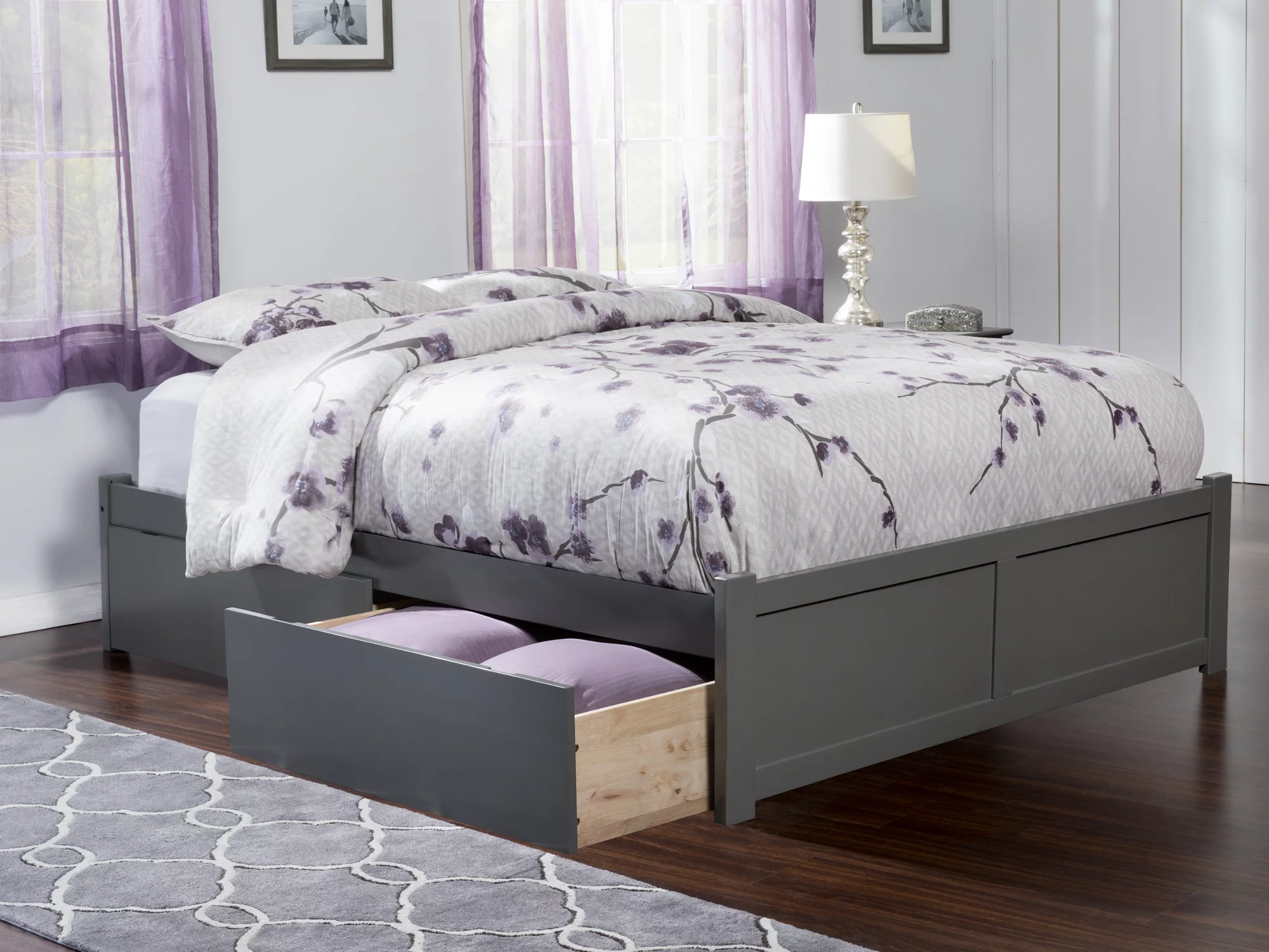 AFI Concord Queen Solid Wood Platform Bed with Footboard & 2 Storage Drawers in Grey