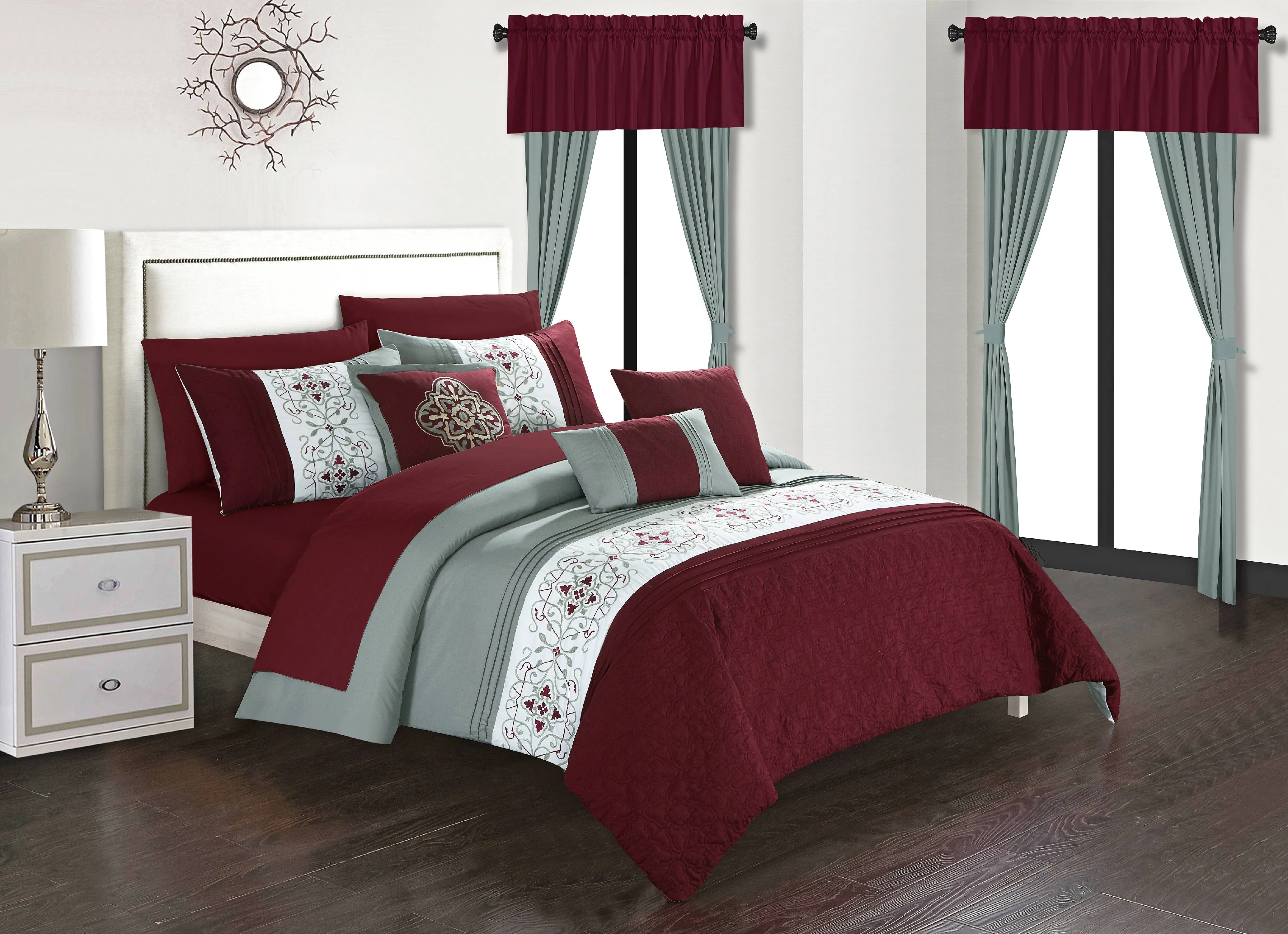 Chic Home Herta 20-Piece Embroidered Comforter Set, Queen, Burgundy