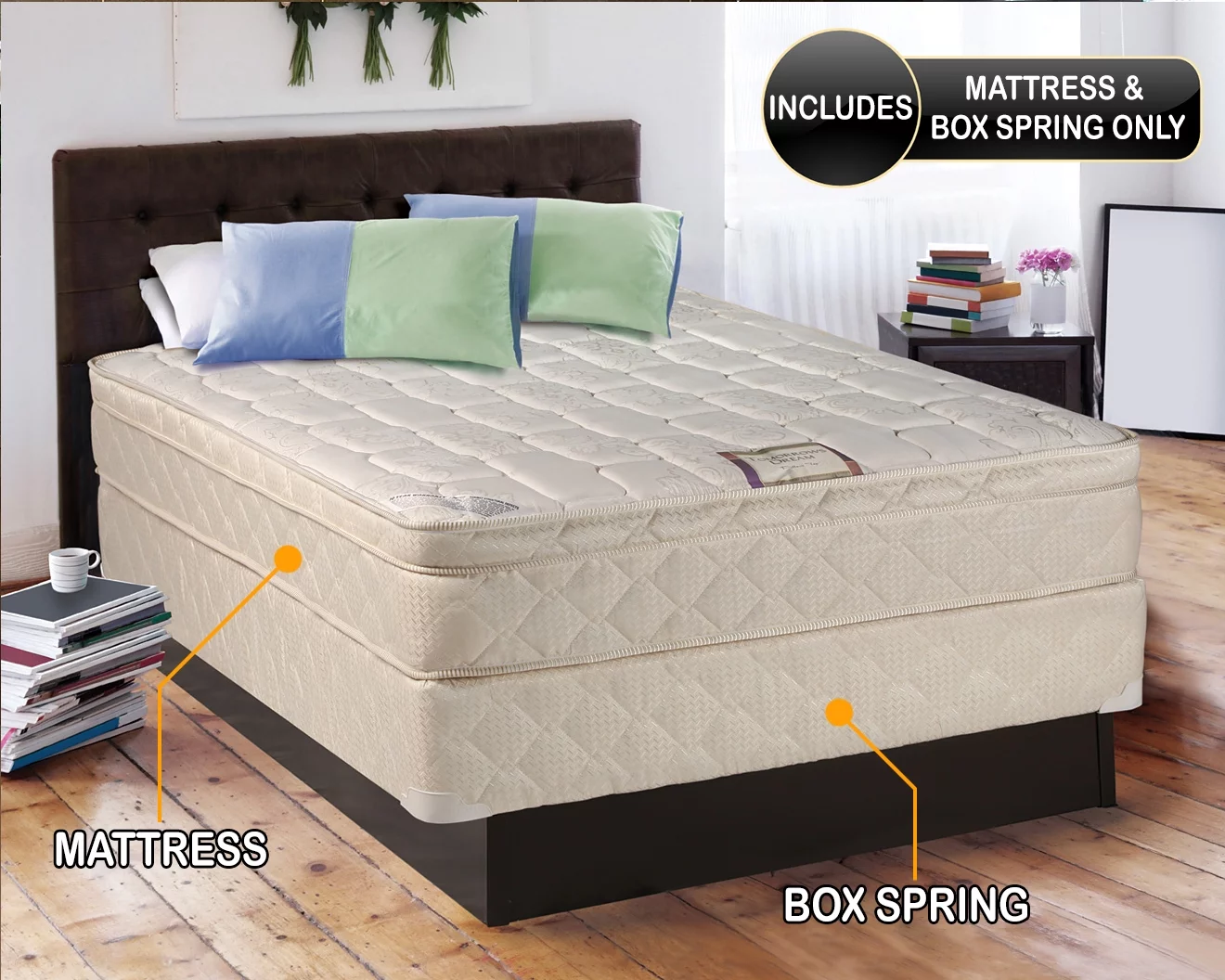 Dream Sleep Tomorrow's Dream Queen Size Innerspring PillowTop (Eurotop) Mattress Set with Mattress Cover Protector - Sleep System with Enhanced Cushion Support, Orthopedic and Longlasting Comfort