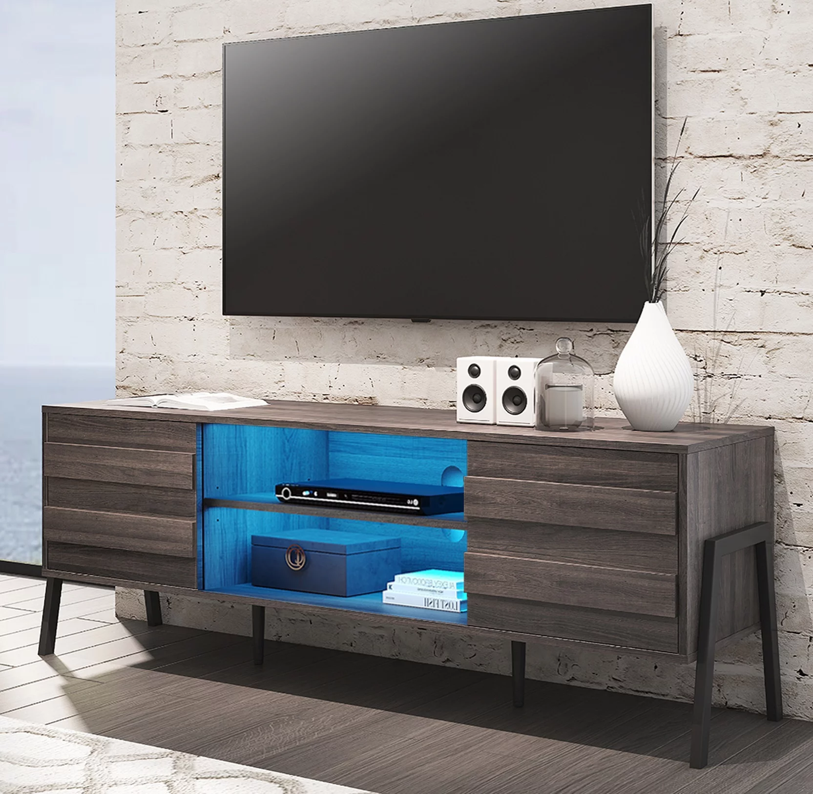 Mid-century LED TV Stand with Push To Open Cabinet and Metal Legs for Living Room, Brown