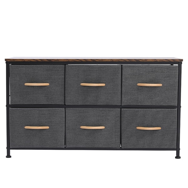 3-Tier Wide Drawer Dresser, Storage Unit with 6 Easy Pull Fabric Drawers and Metal Frame, Wooden Tabletop for Closets, Nursery, Dorm Room, Hallway,Gray