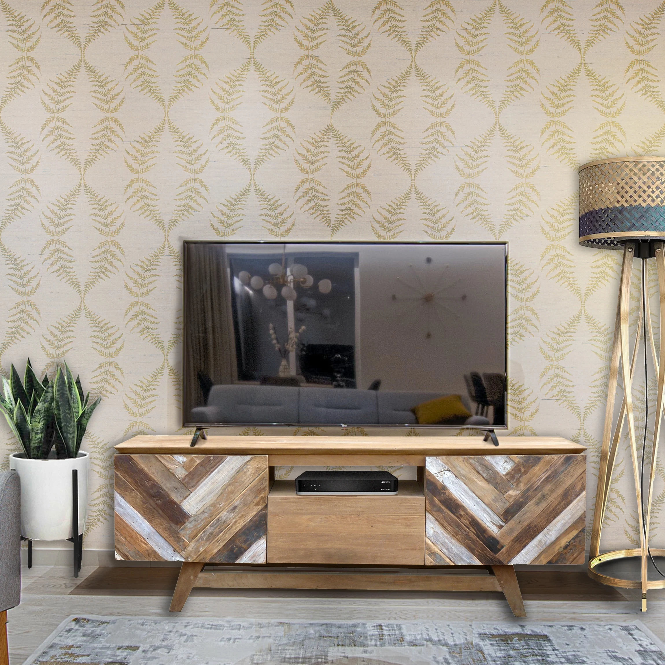 Recycled Teak Wood Brux Art Deco Dresser / Media Center, 63 Inch