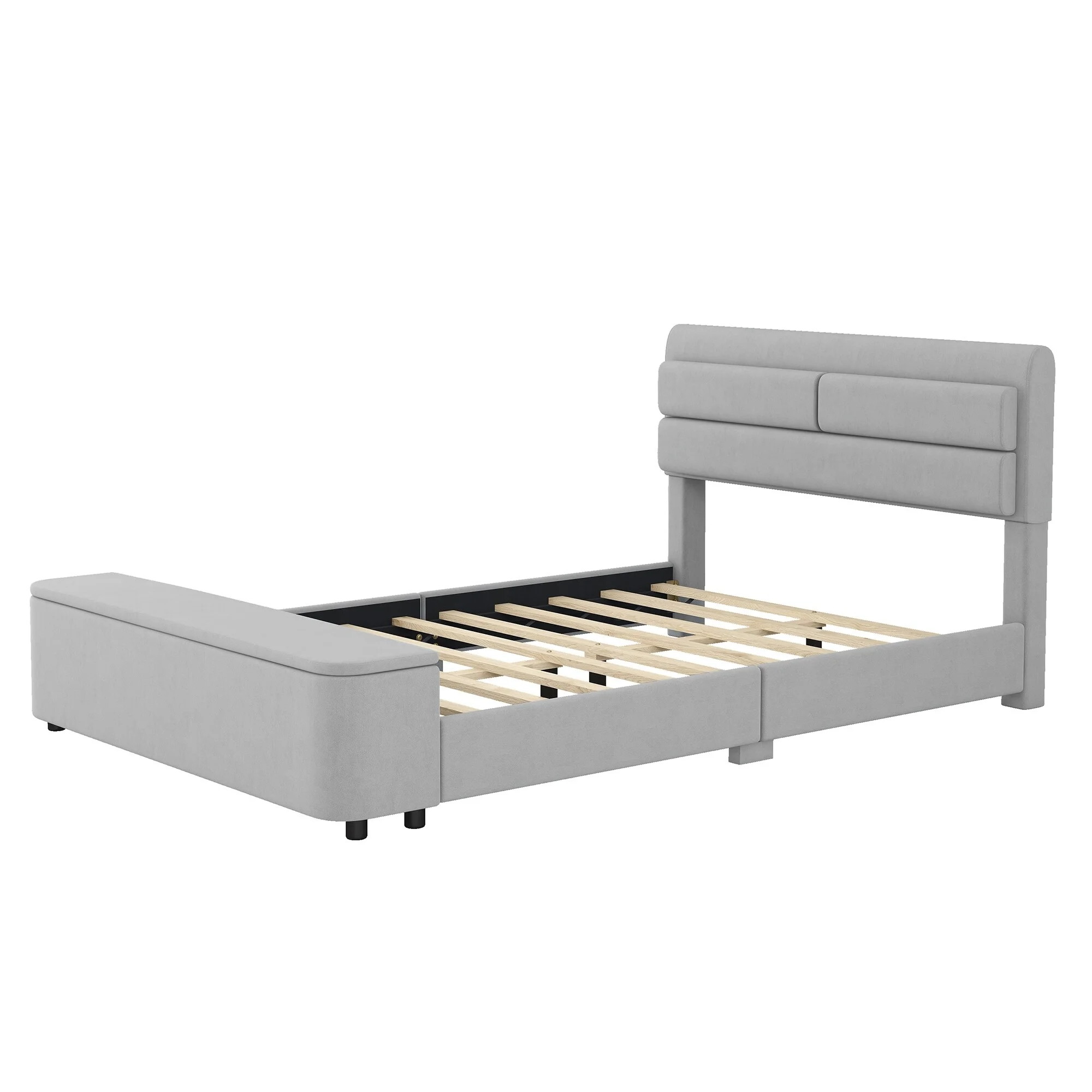 Upholstery Platform Bed with Storage Headboard and Footboard, Solid Wood Bedframe with Support Legs, No Need Spring Box Grey - Full