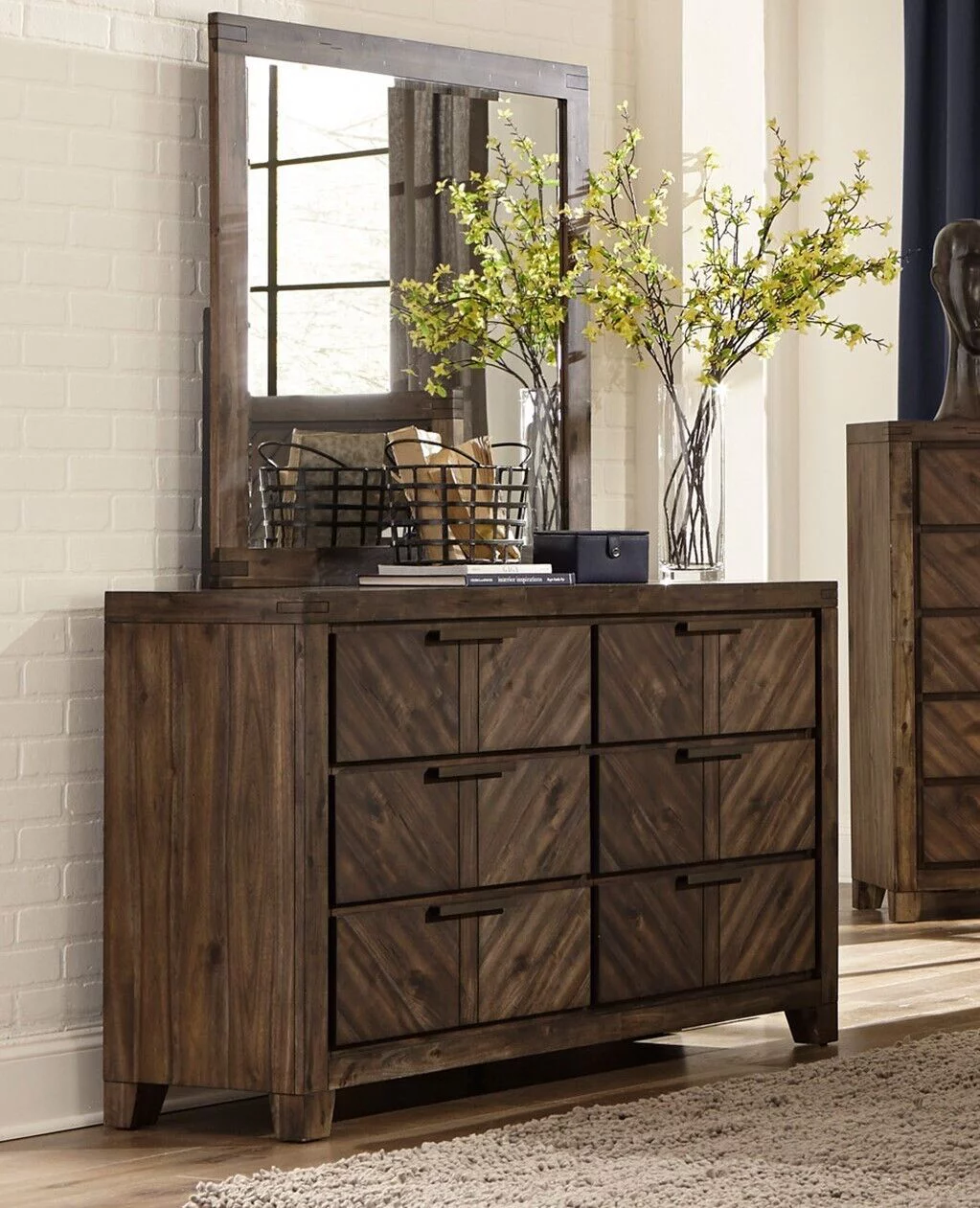 Modern Style 4pc Set Queen Bed Nightstand Dresser Mirror Distressed Espresso Finish Bedroom Furniture Set