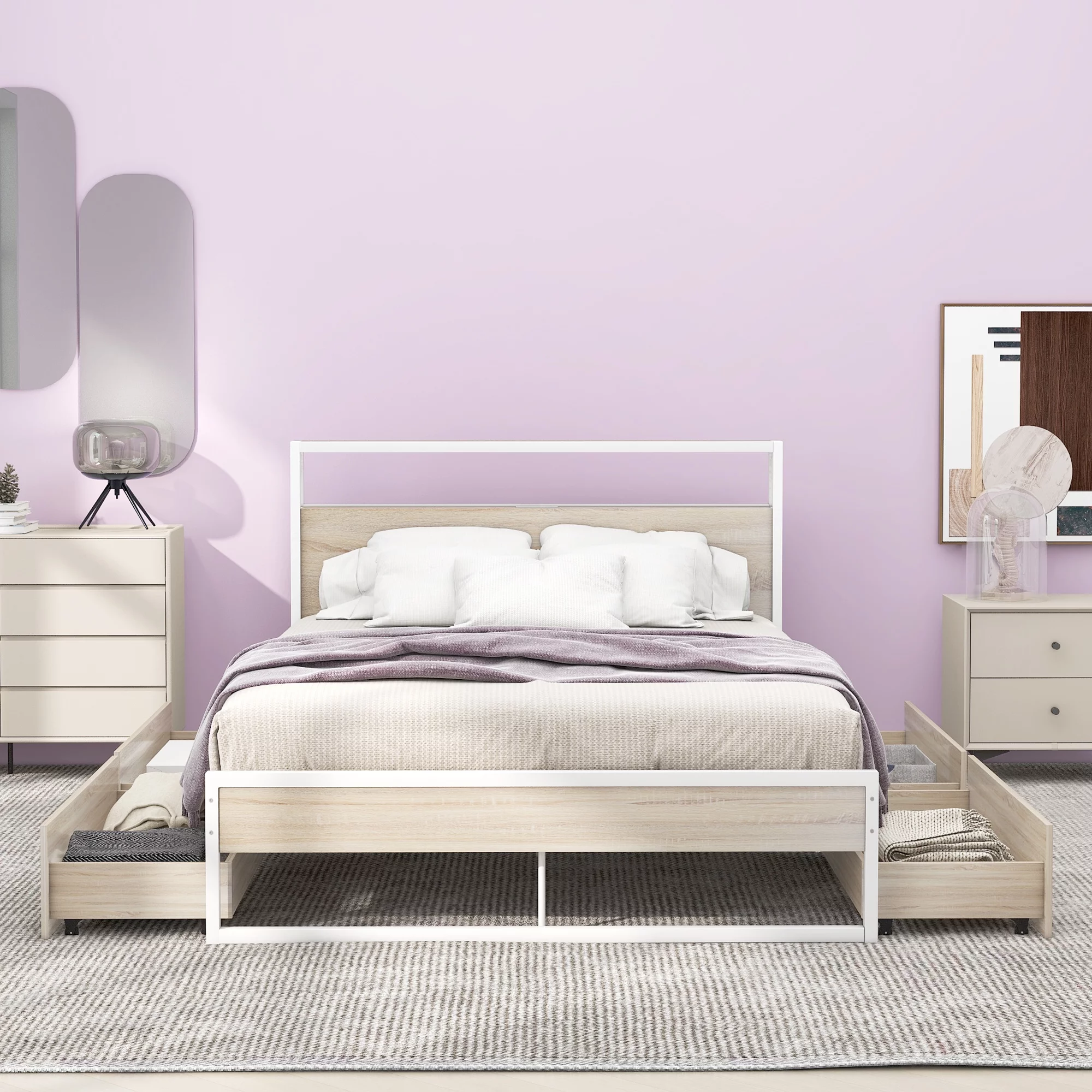 Churanty Full Size Metal Platform Bed with Headboard and Storage 4 Drawers Sockets USB Ports,White